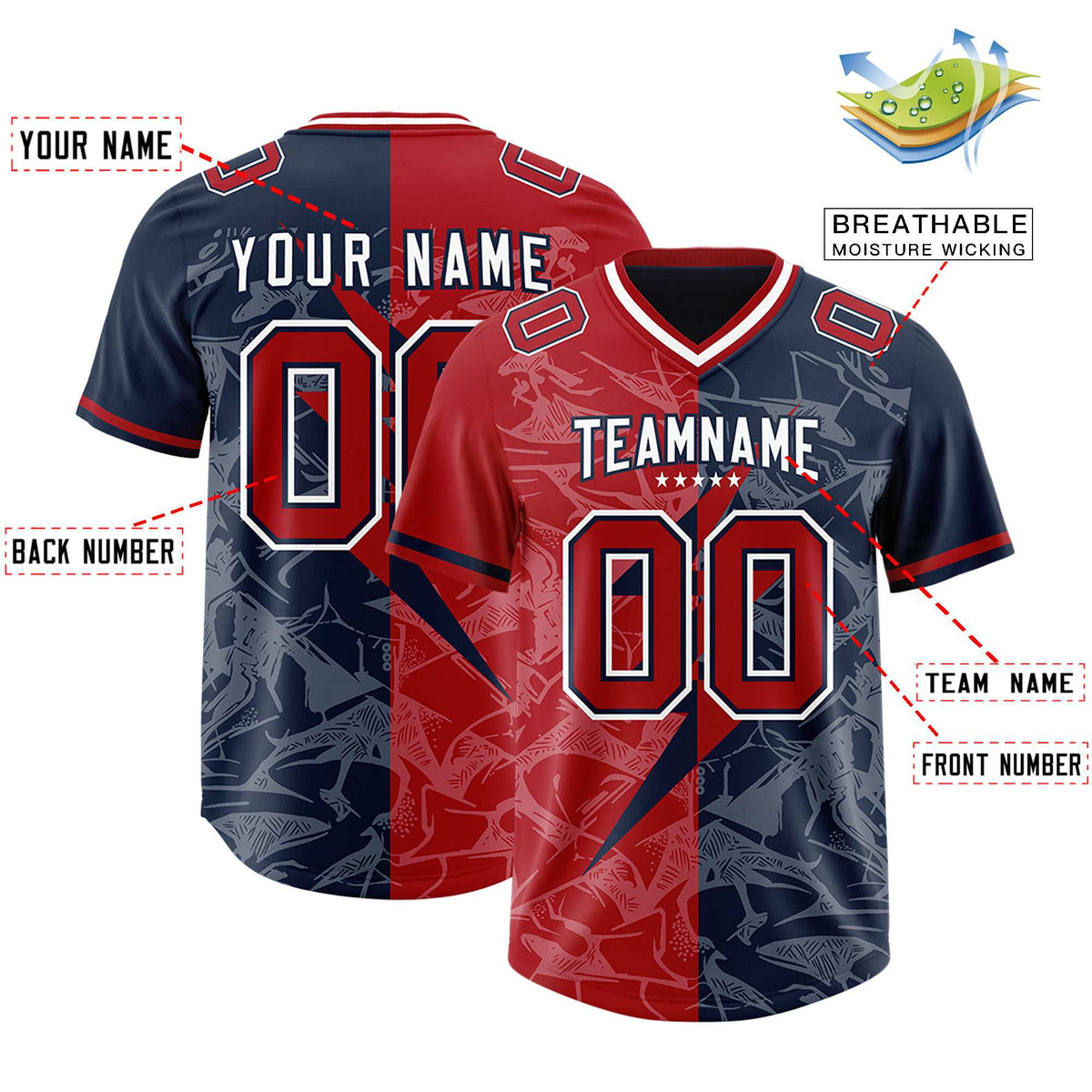 Custom Navy Red Split Personalized Lightning Pattern Football Jersey