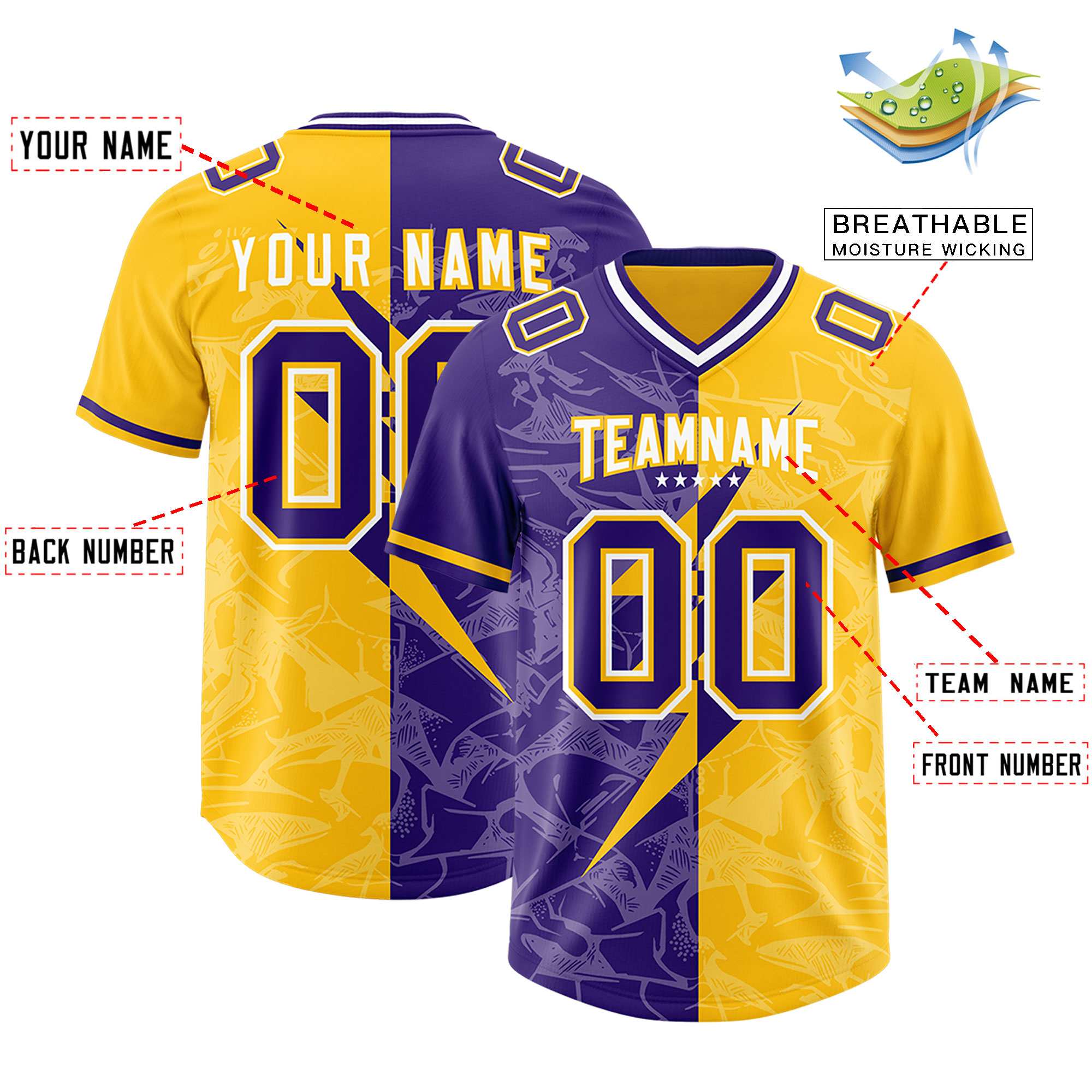 Custom Yellow Purple Split Personalized Lightning Pattern Football Jersey