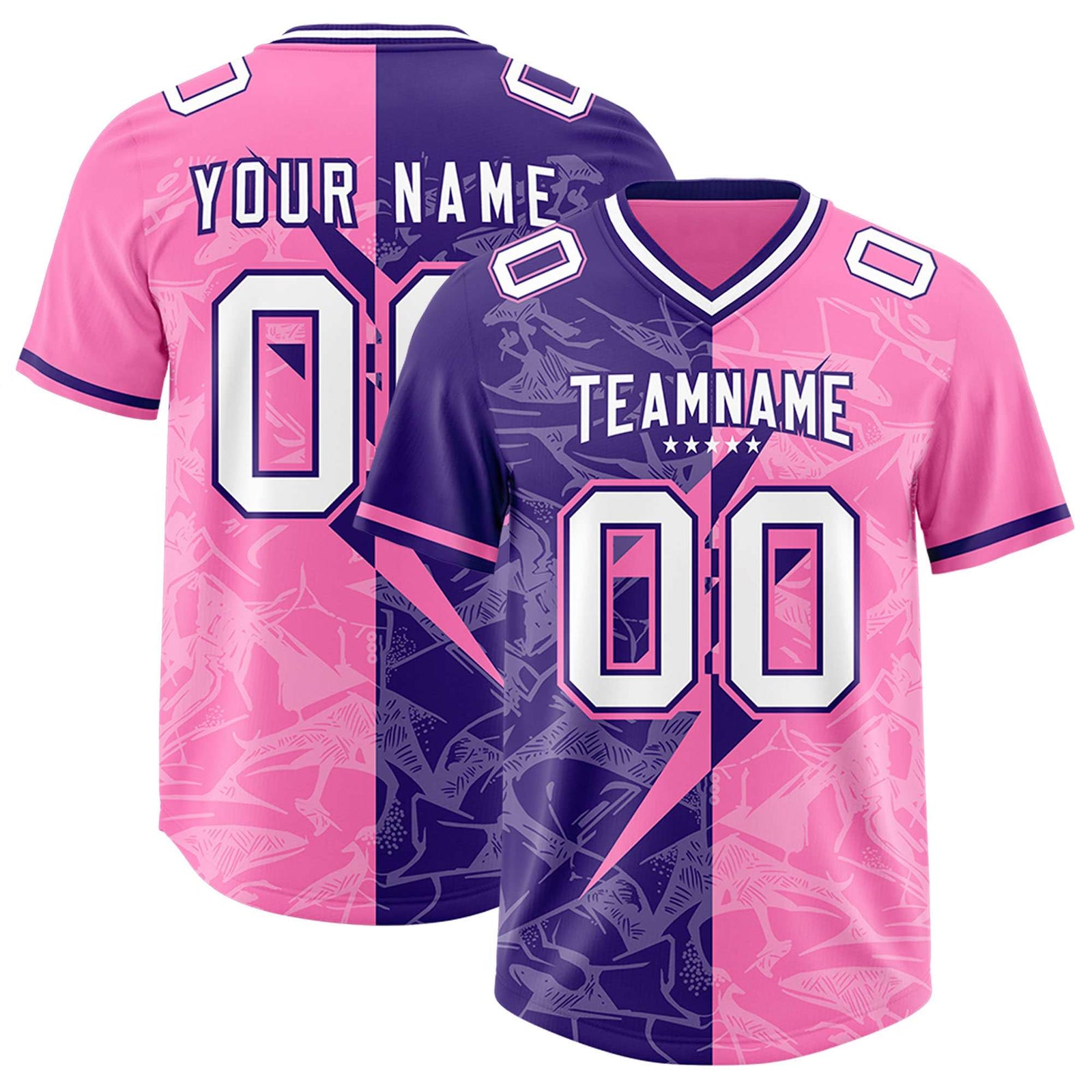 Custom Pink Purple Split Personalized Lightning Pattern Football Jersey
