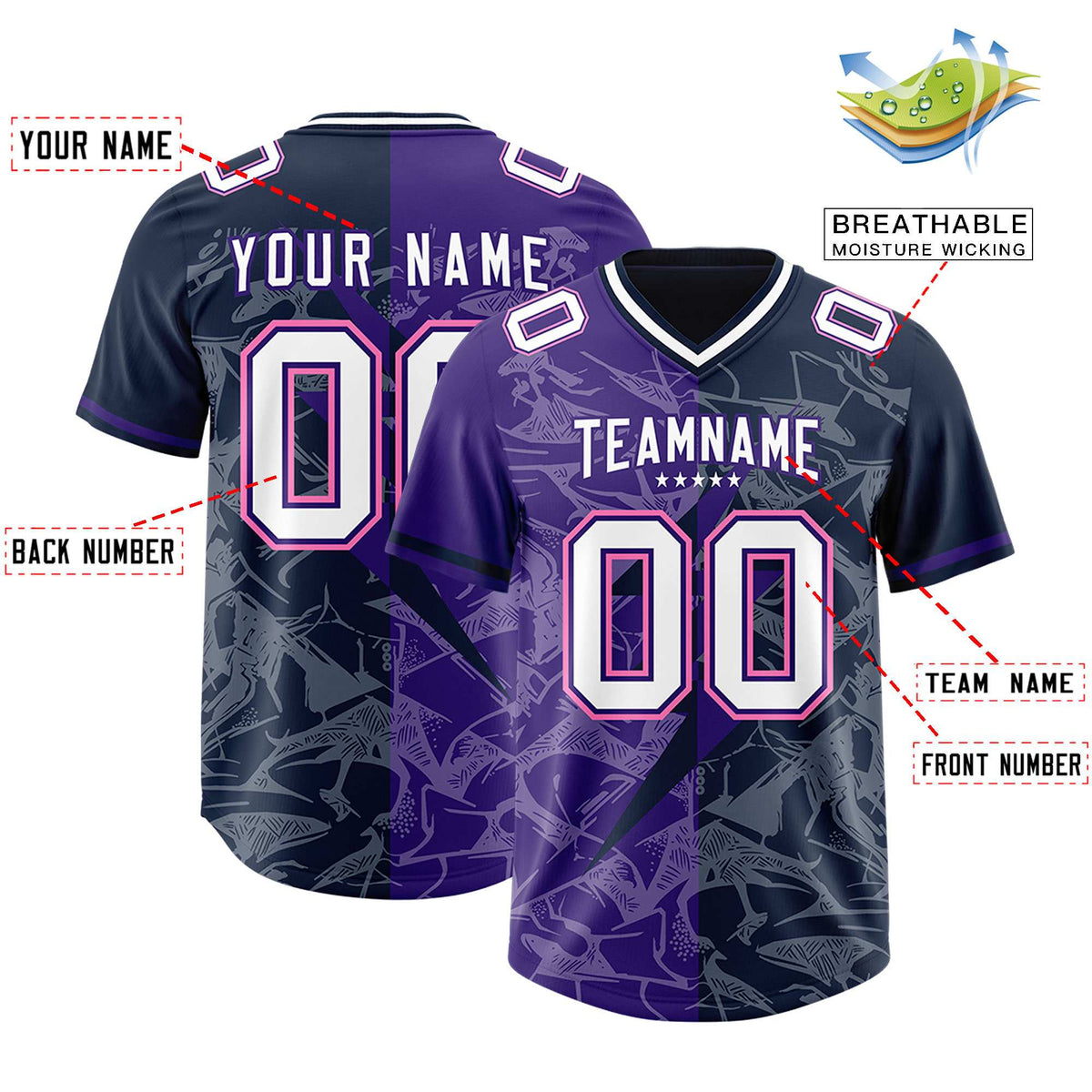 Custom Navy Purple Split Personalized Lightning Pattern Football Jersey