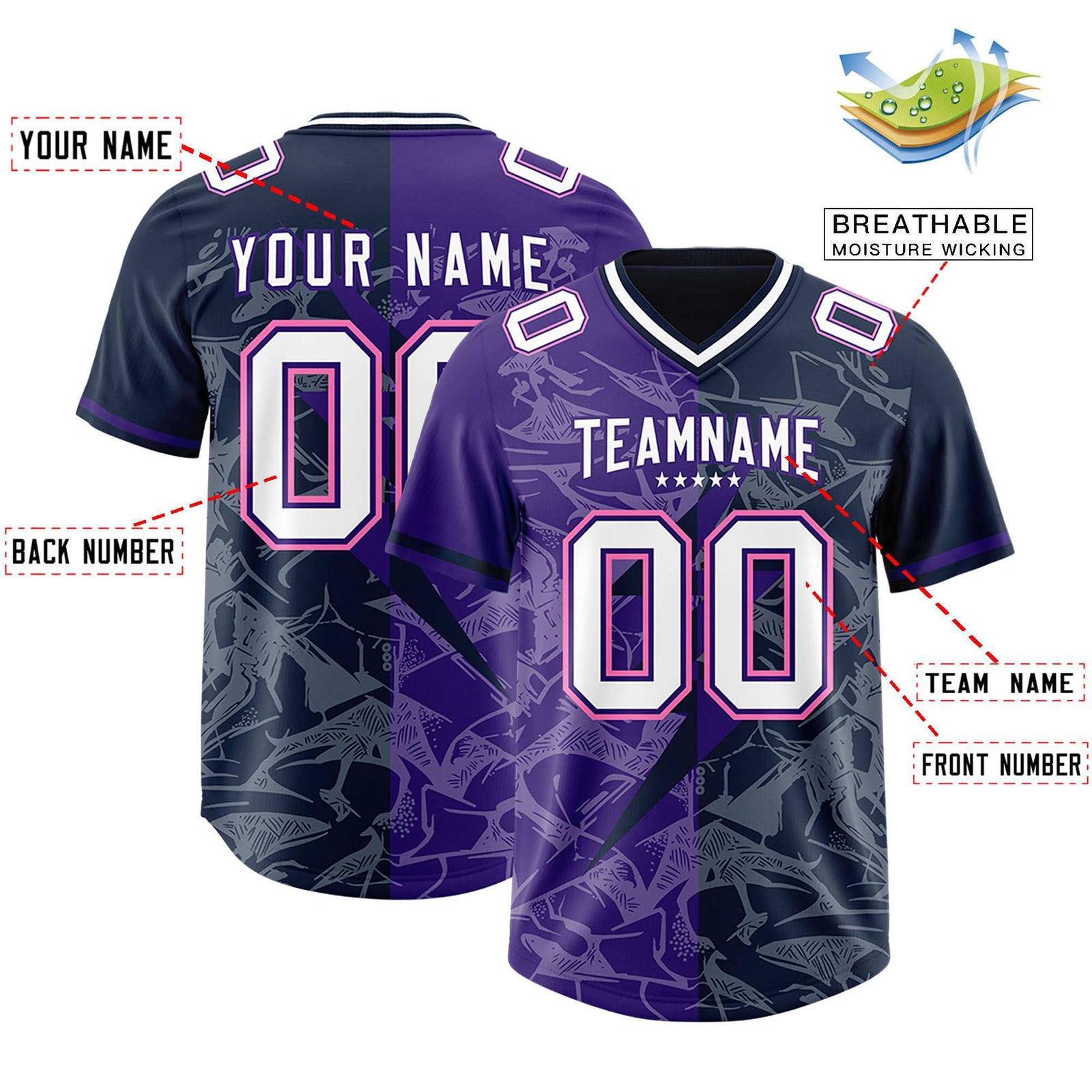 Custom Navy Purple Split Personalized Lightning Pattern Football Jersey