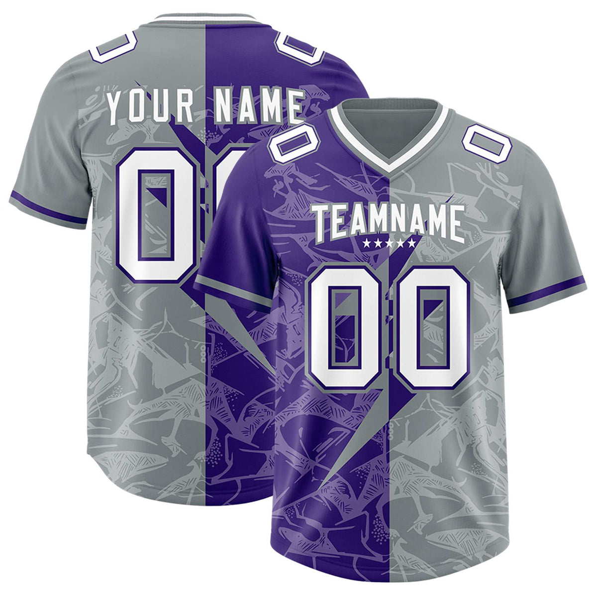 Custom Purple Gray Split Personalized Lightning Pattern Football Jersey
