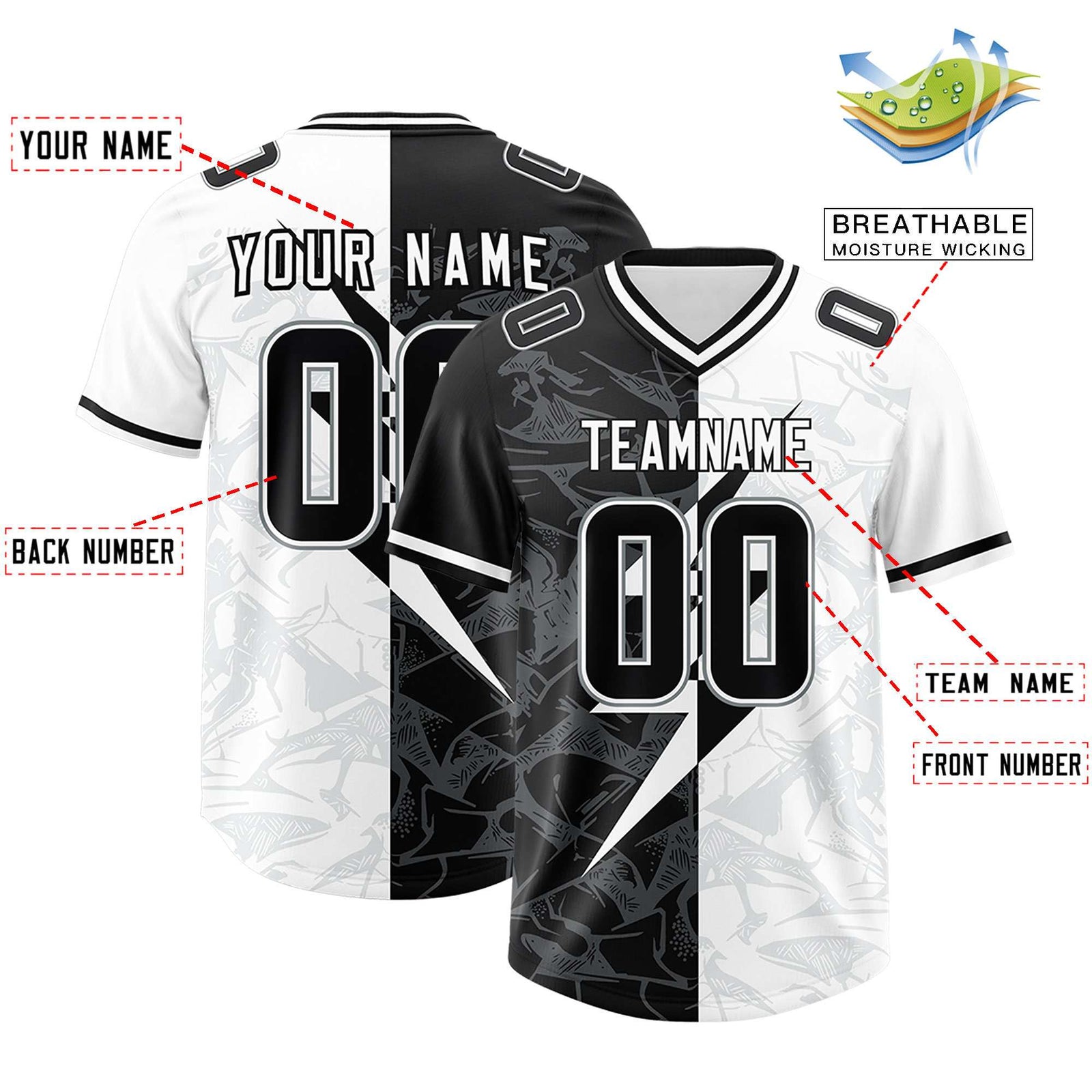Custom White Black Split Personalized Lightning Pattern Football Jersey