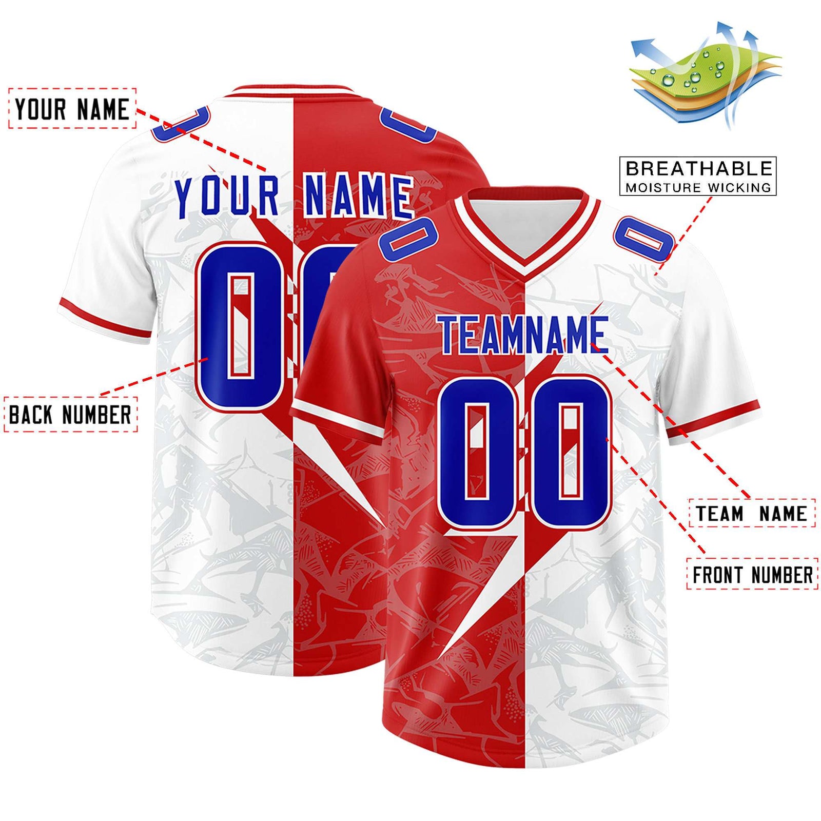 Custom White Red Split Personalized Lightning Pattern Football Jersey