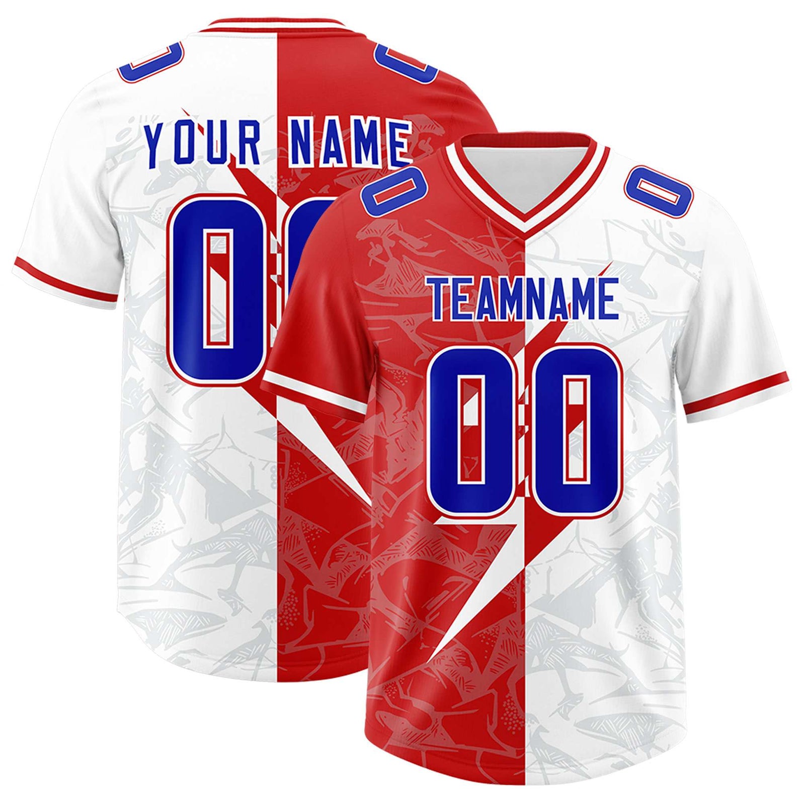 Custom White Red Split Personalized Lightning Pattern Football Jersey
