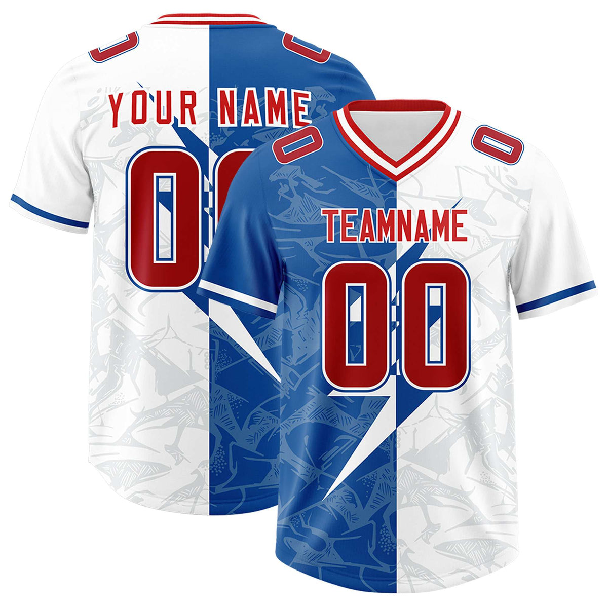 Custom White Royal Split Personalized Lightning Pattern Football Jersey