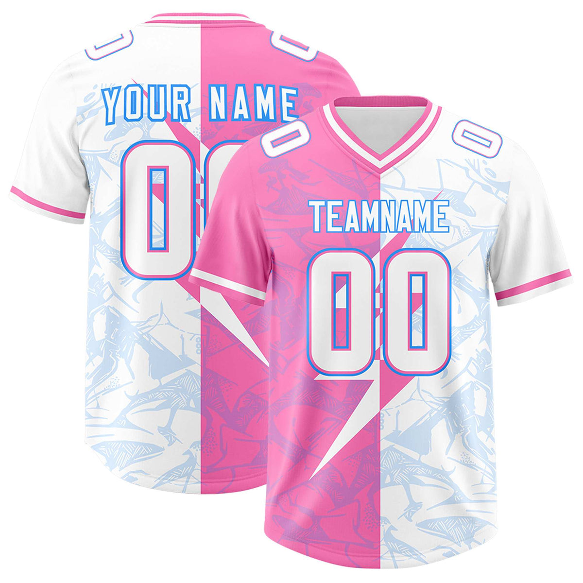 Custom White Pink Split Personalized Lightning Pattern Football Jersey