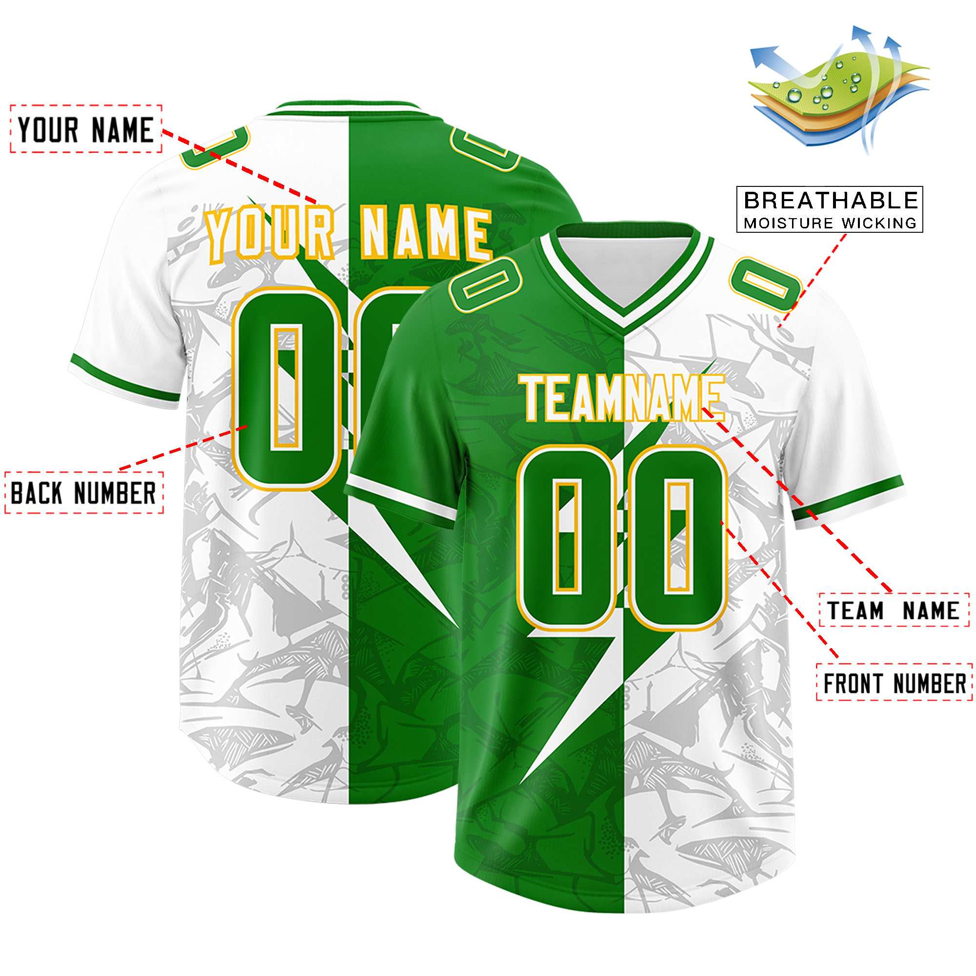 Custom Kelly Green White Split Personalized Lightning Pattern Football Jersey