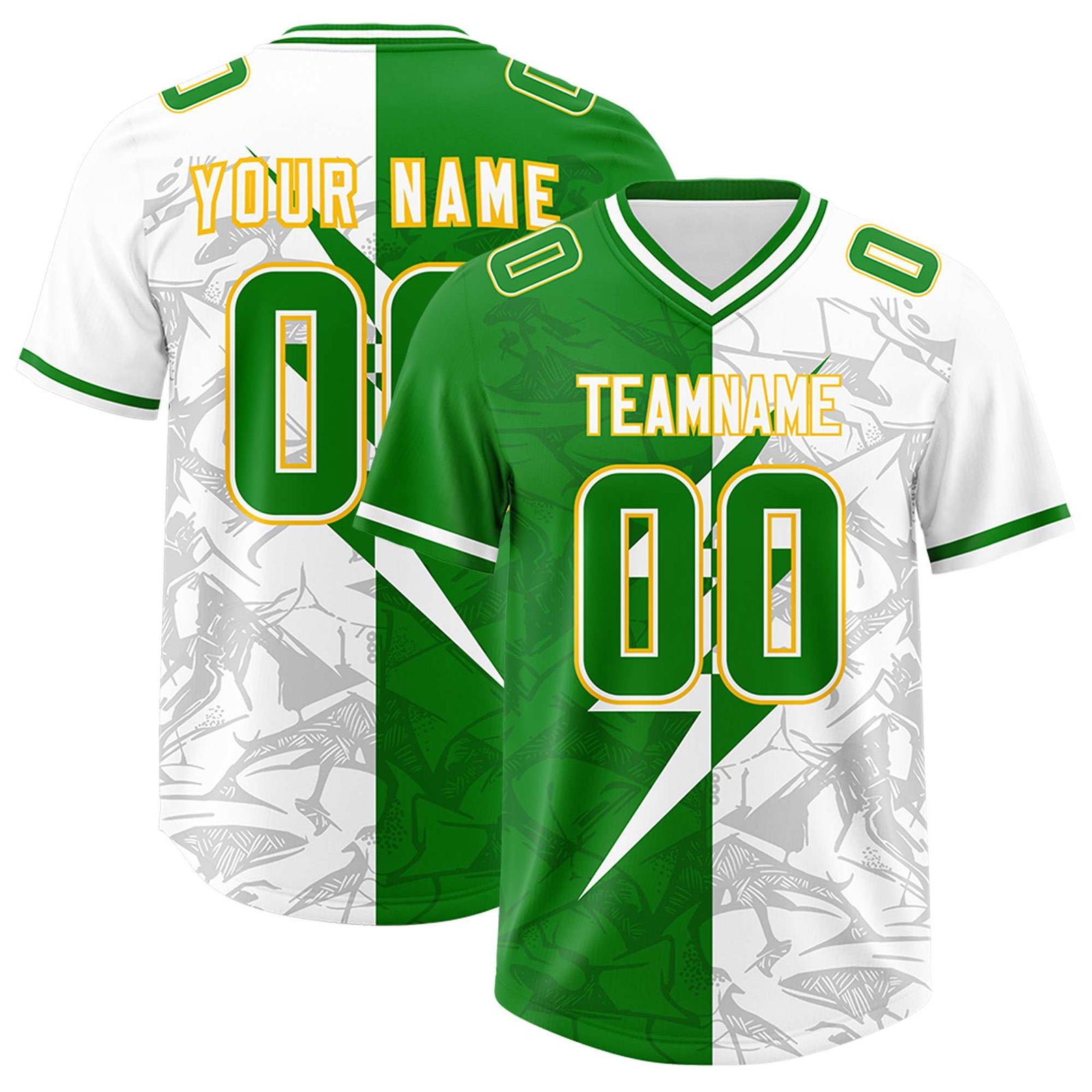 Custom Kelly Green White Split Personalized Lightning Pattern Football Jersey