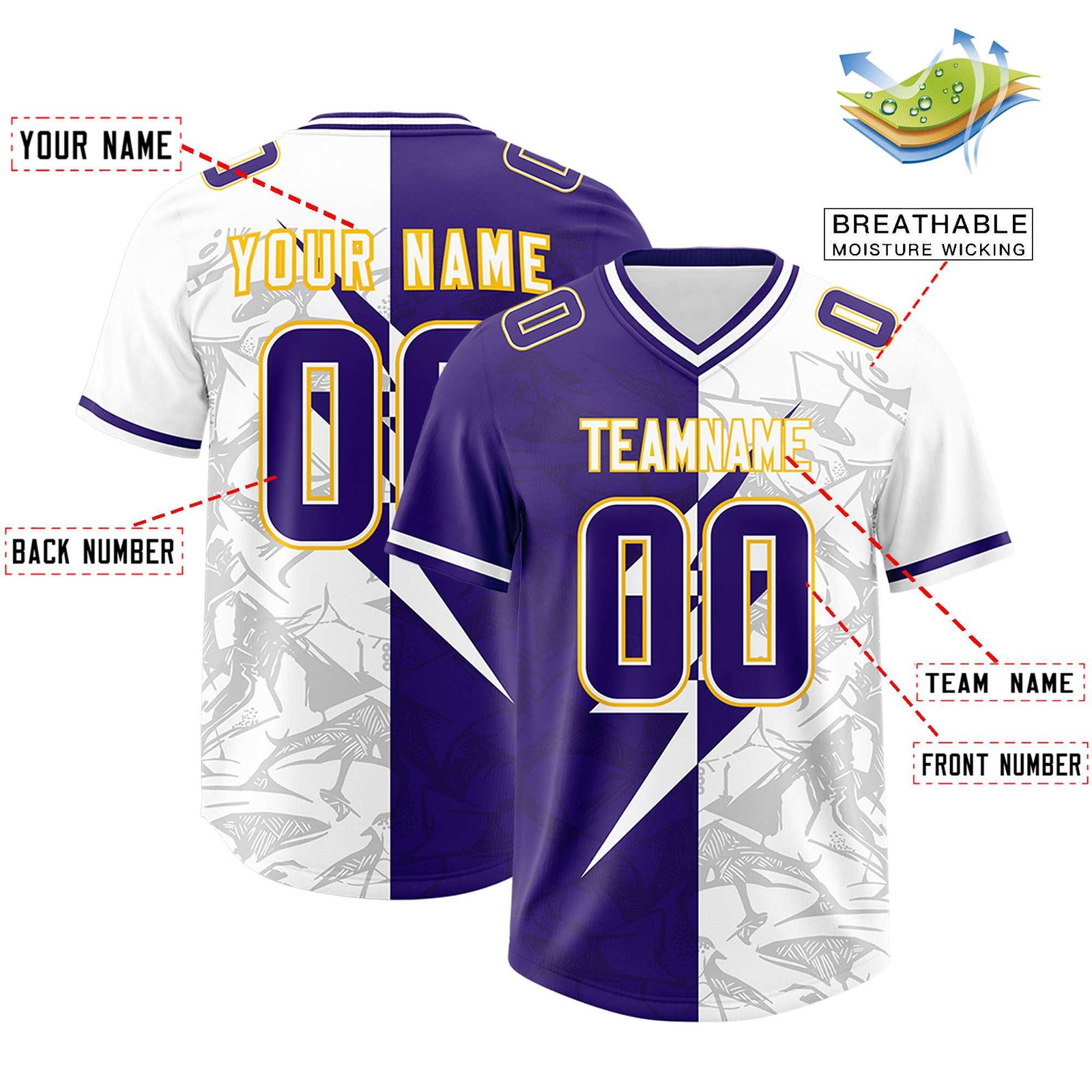 Custom Purple White Split Personalized Lightning Pattern Football Jersey