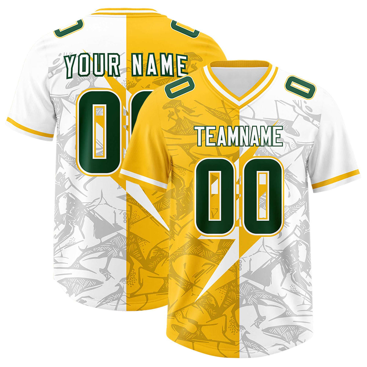Custom Yellow White Split Personalized Lightning Pattern Football Jersey