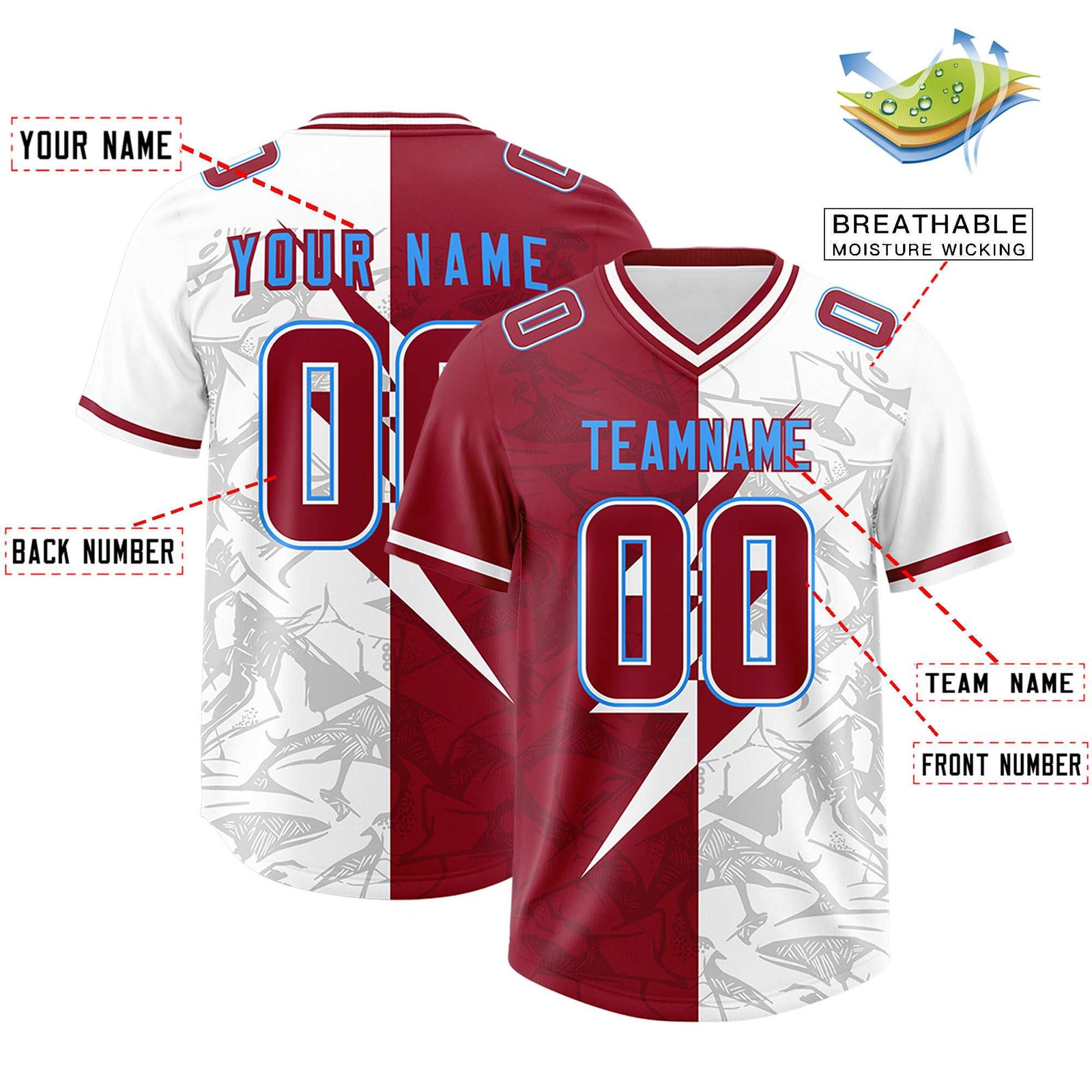 Custom Cardinal White Split Personalized Lightning Pattern Football Jersey