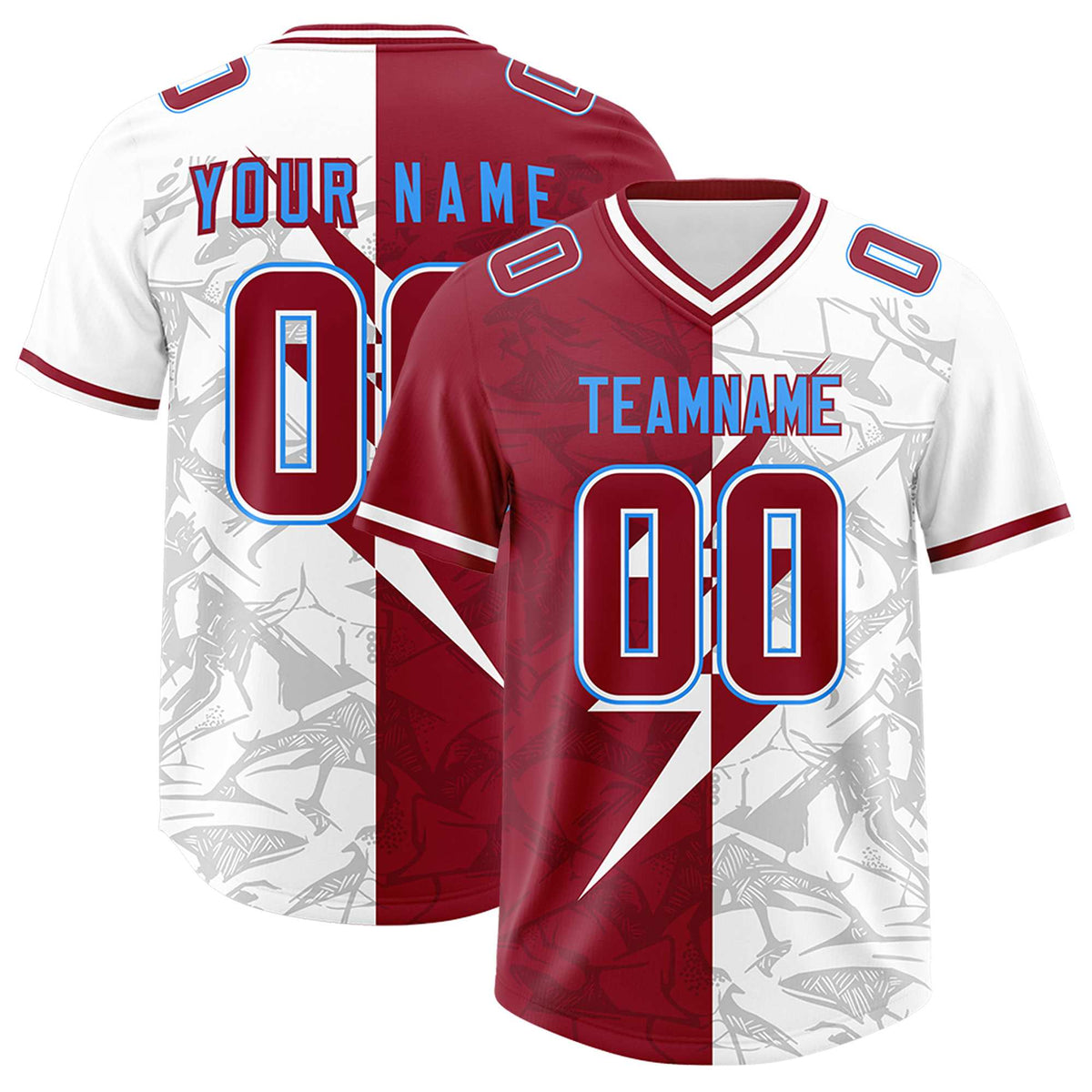 Custom Cardinal White Split Personalized Lightning Pattern Football Jersey