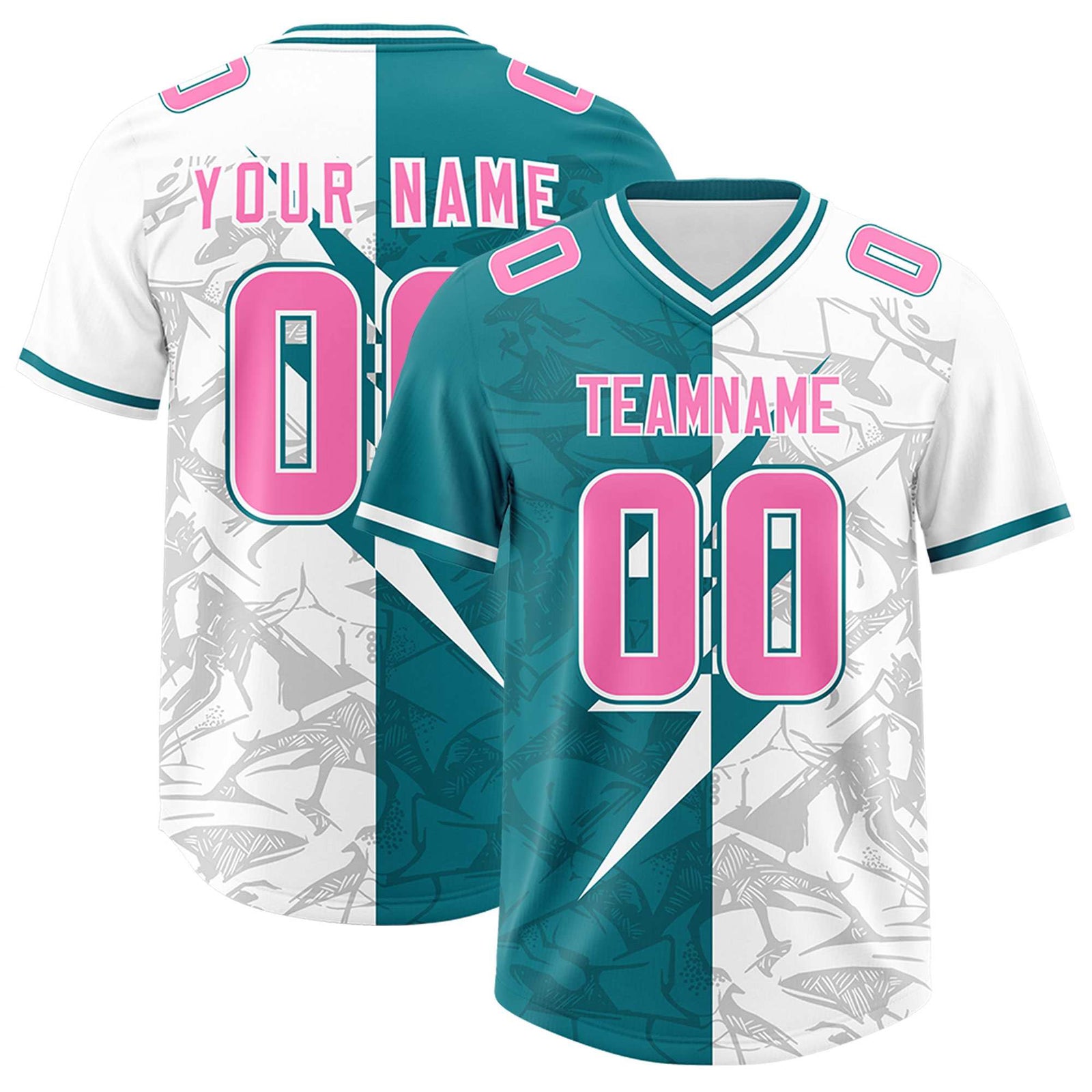 Custom Aqua White Split Personalized Lightning Pattern Football Jersey