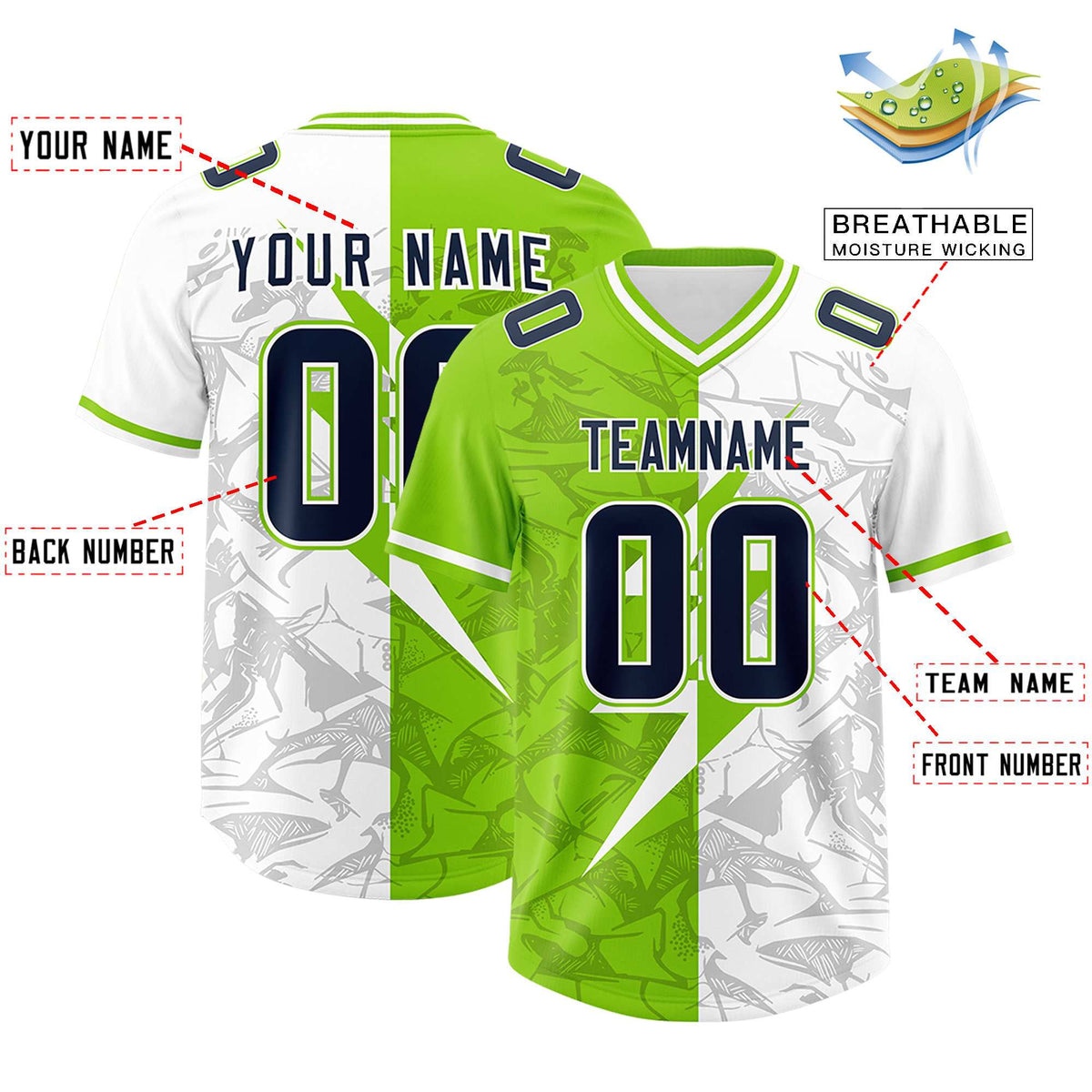 Custom Neon Green White Split Personalized Lightning Pattern Football Jersey