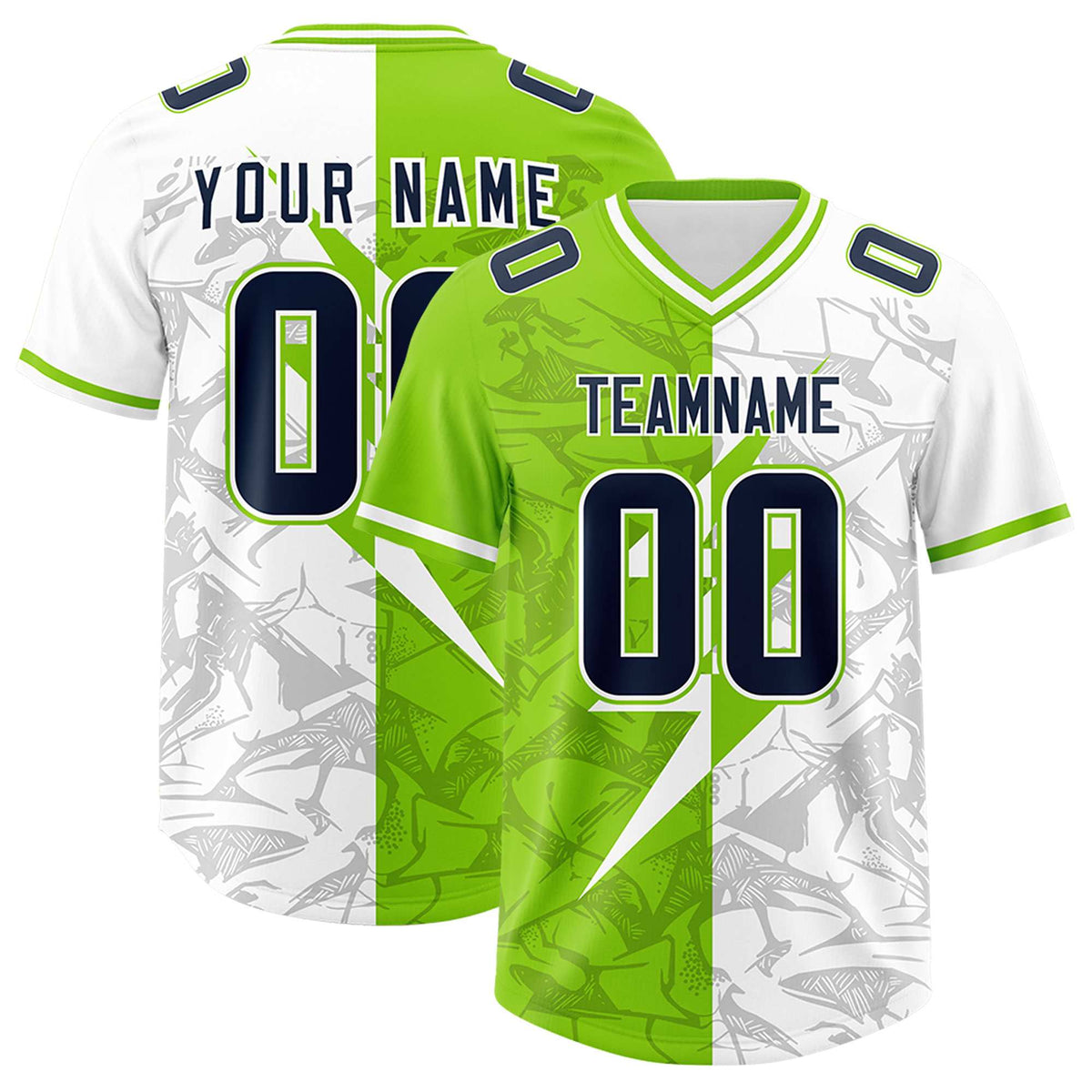 Custom Neon Green White Split Personalized Lightning Pattern Football Jersey