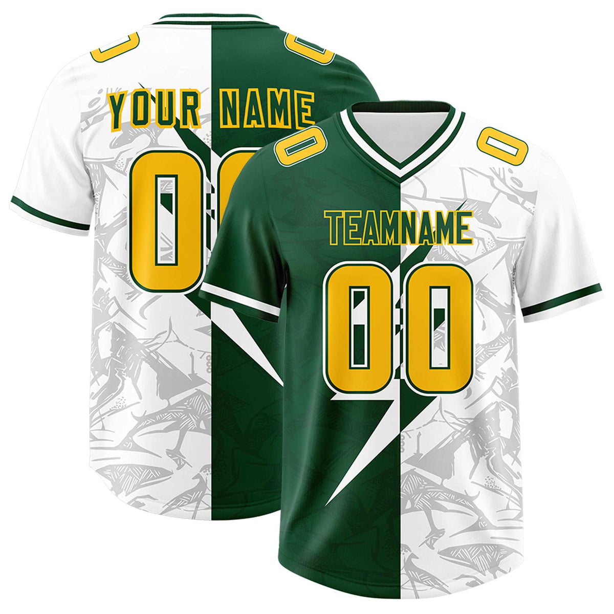 Custom Green White Split Personalized Lightning Pattern Football Jersey