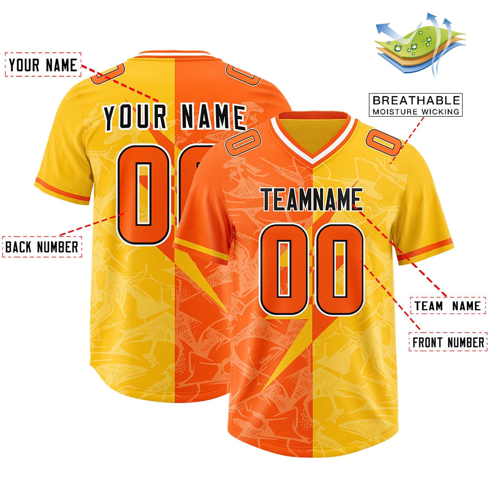 Custom Orange Yellow Split Personalized Lightning Pattern Football Jersey