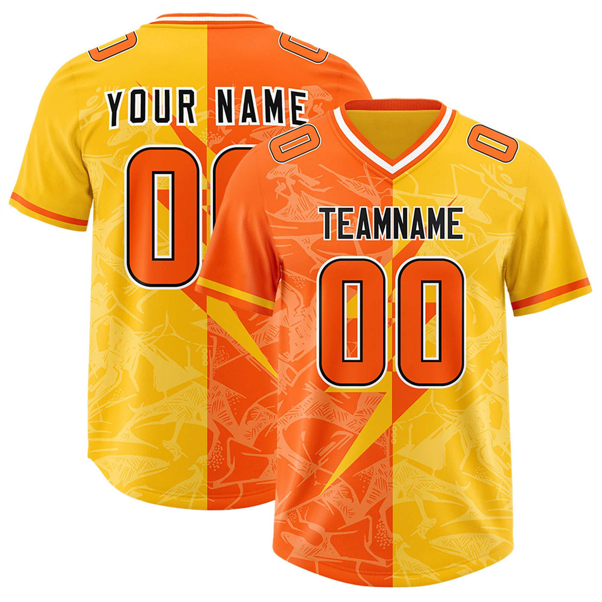 Custom Orange Yellow Split Personalized Lightning Pattern Football Jersey