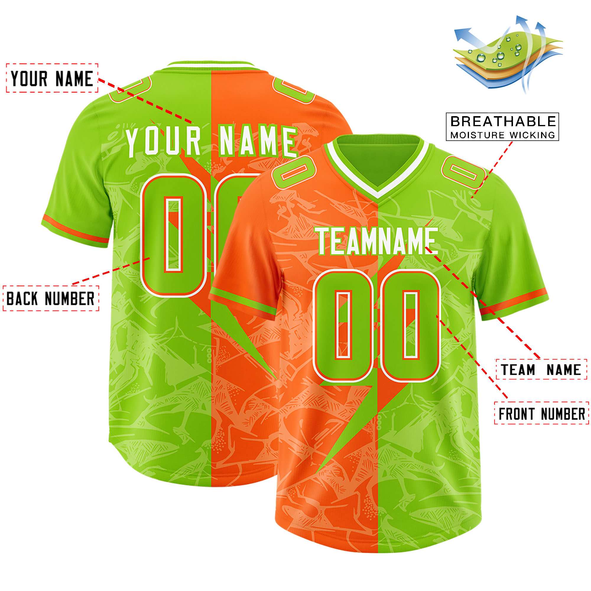 Custom Neon Green Orange Split Personalized Lightning Pattern Football Jersey