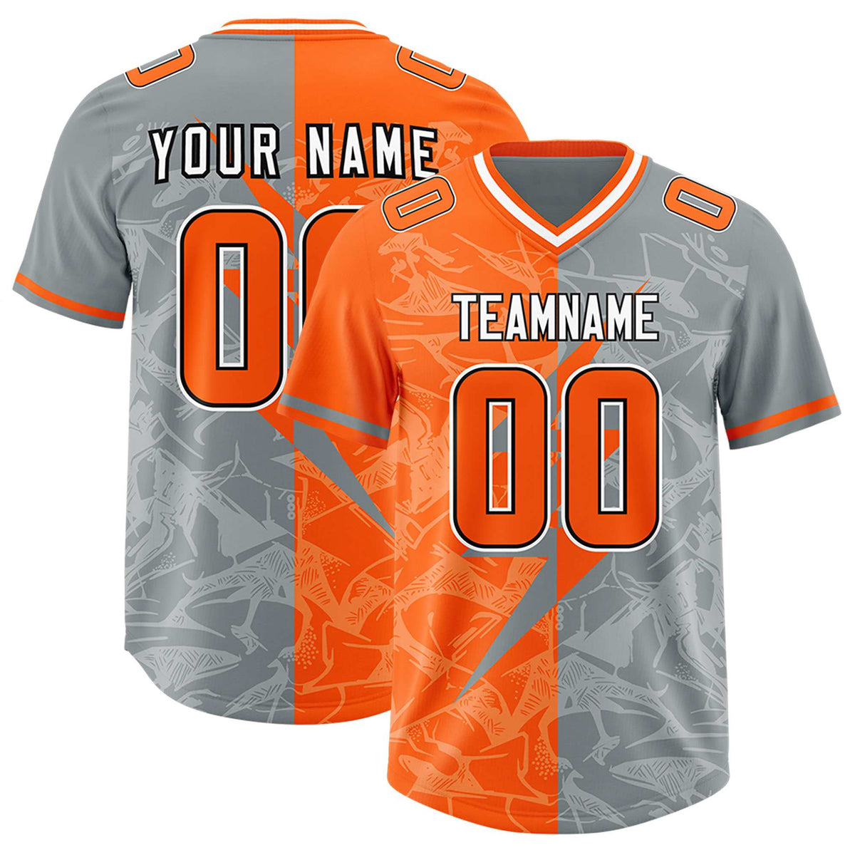 Custom Grey Orange Split Personalized Lightning Pattern Football Jersey