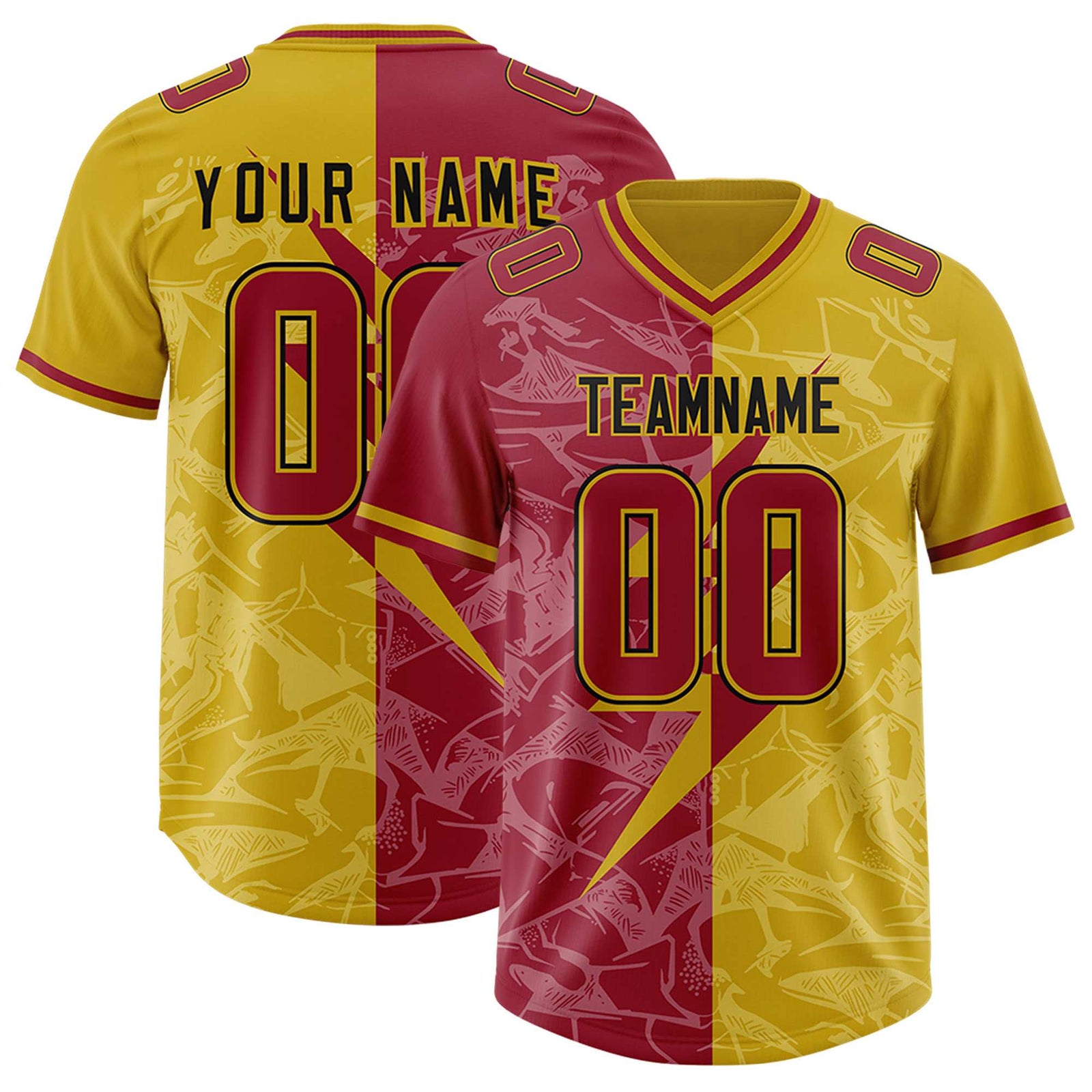 Custom Old Gold Cardinal Split Personalized Lightning Pattern Football Jersey