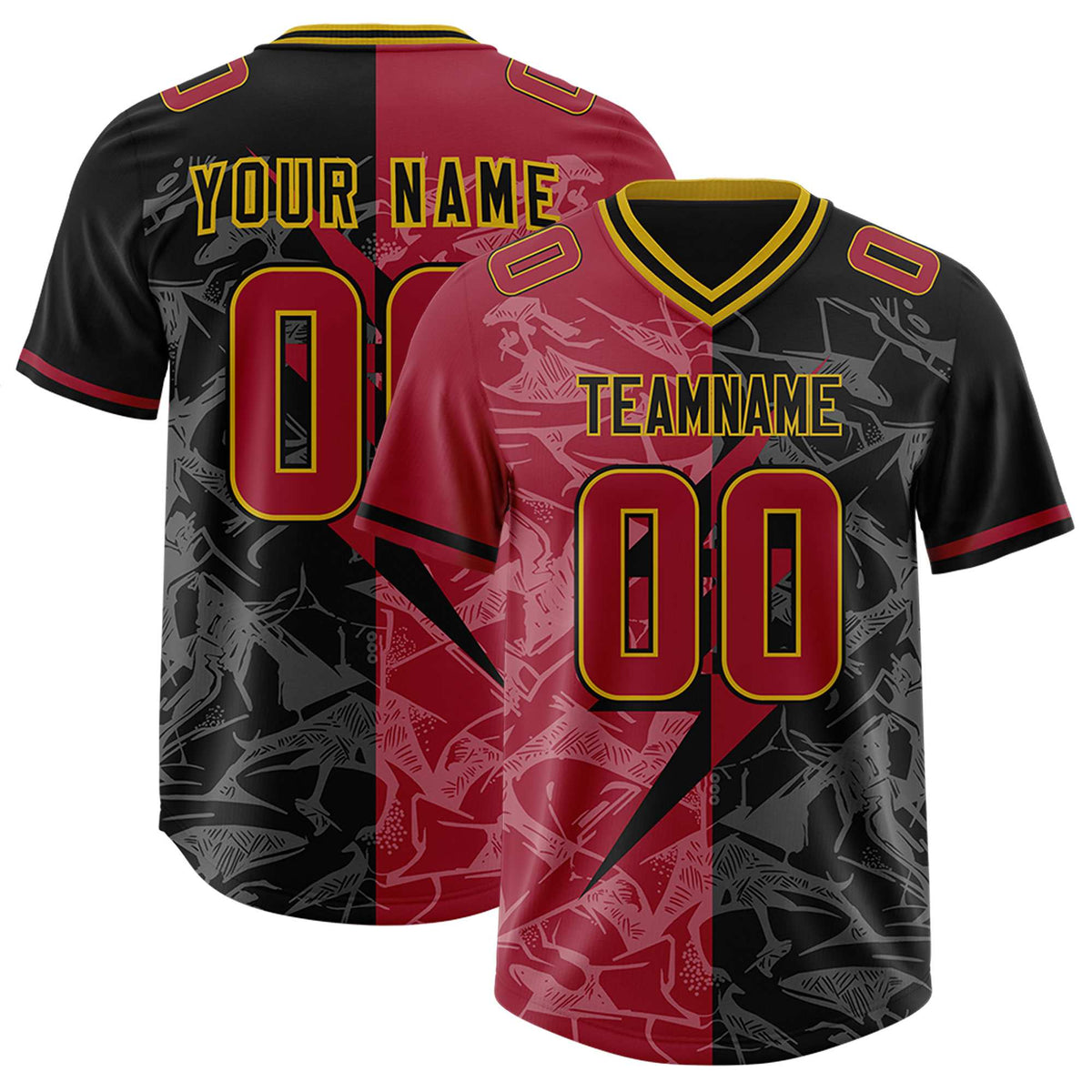 Custom Black Cardinal Split Personalized Lightning Pattern Football Jersey