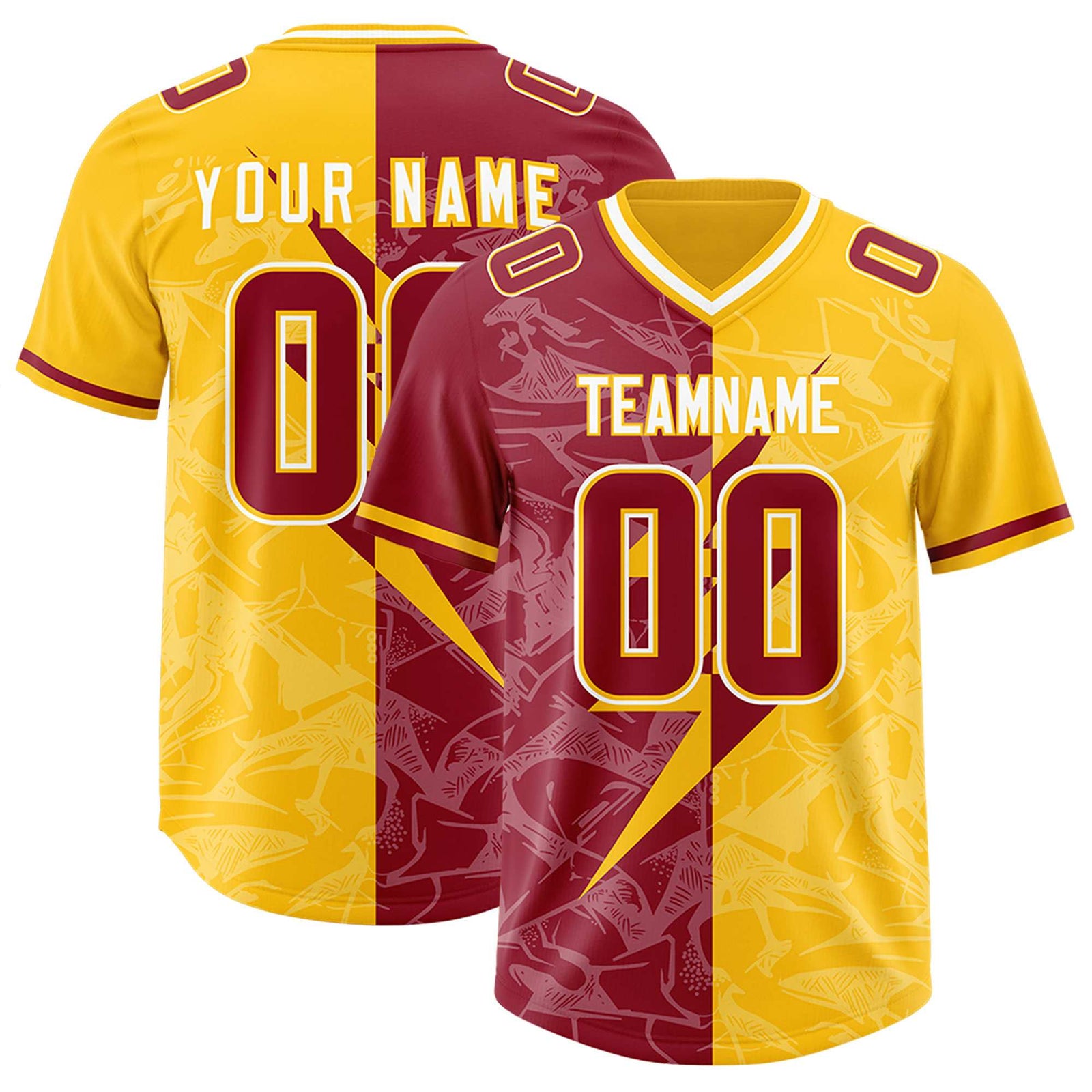 Custom Yellow Cardinal Split Personalized Lightning Pattern Football Jersey