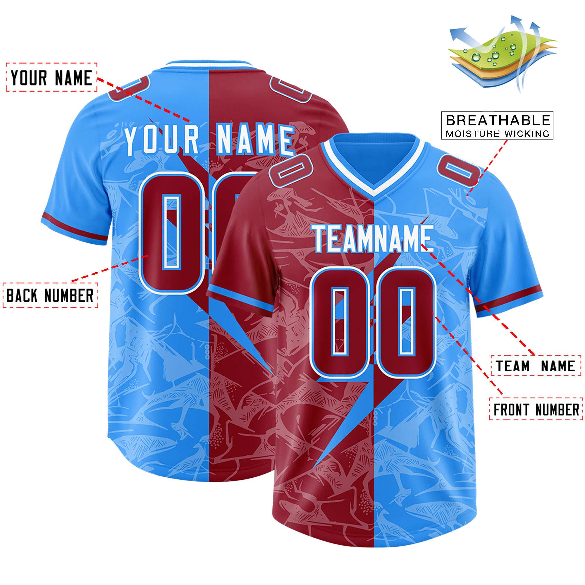 Custom Light Blue Cardinal Split Personalized Lightning Pattern Football Jersey