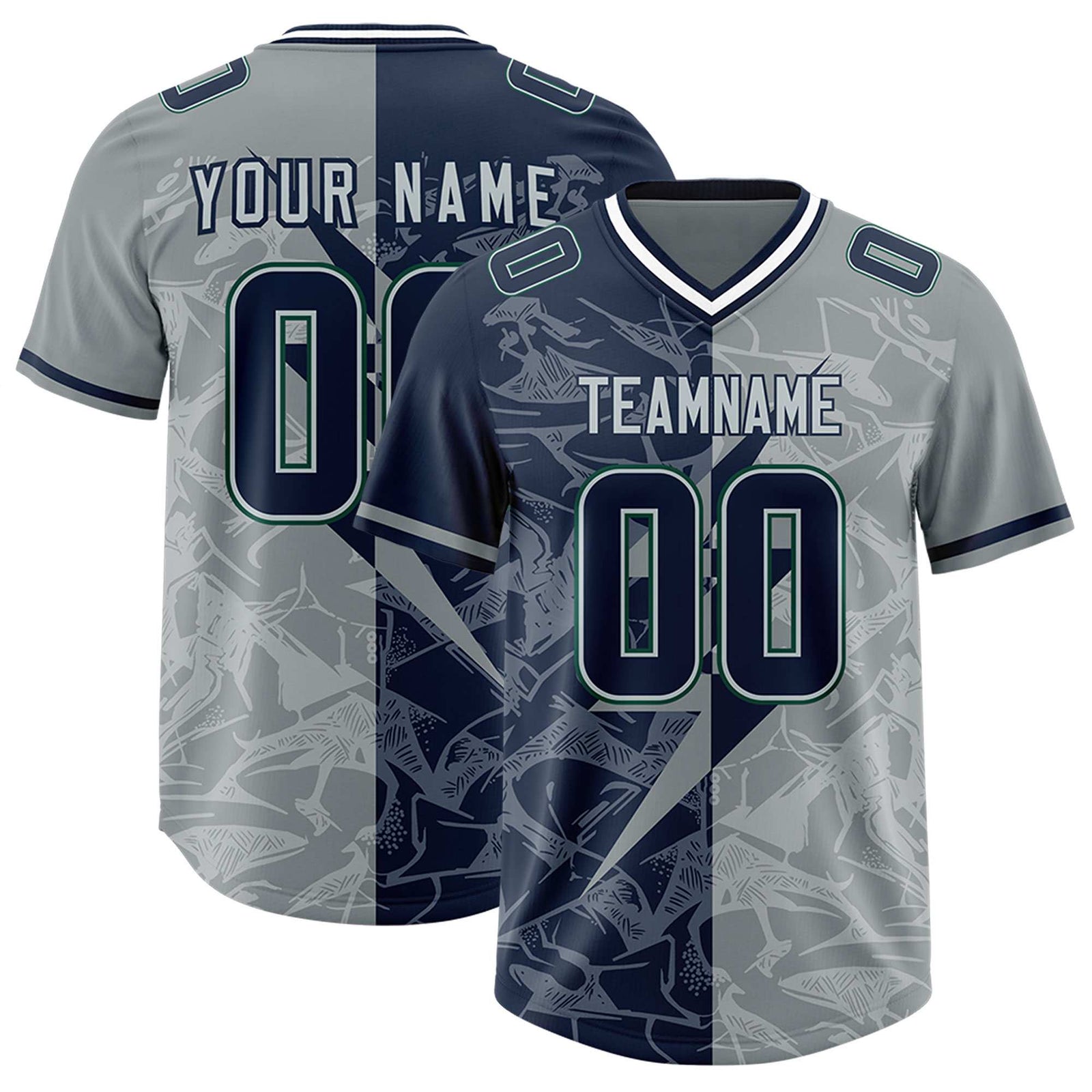 Custom Navy Gray Split Personalized Lightning Pattern Football Jersey