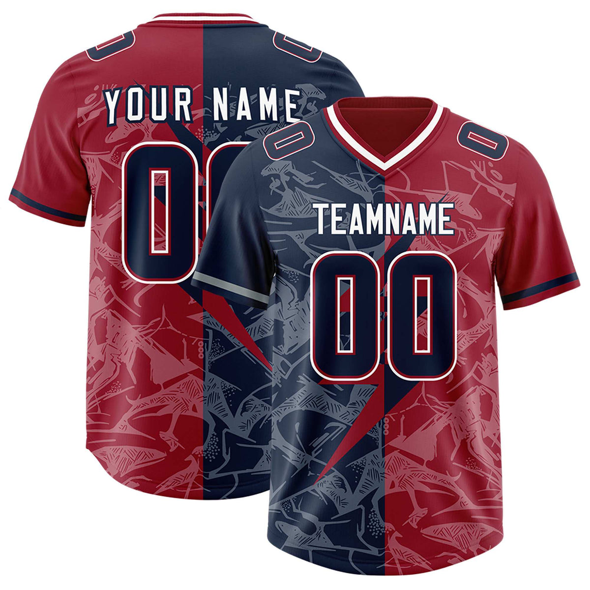 Custom Navy Cardinal Split Personalized Lightning Pattern Football Jersey