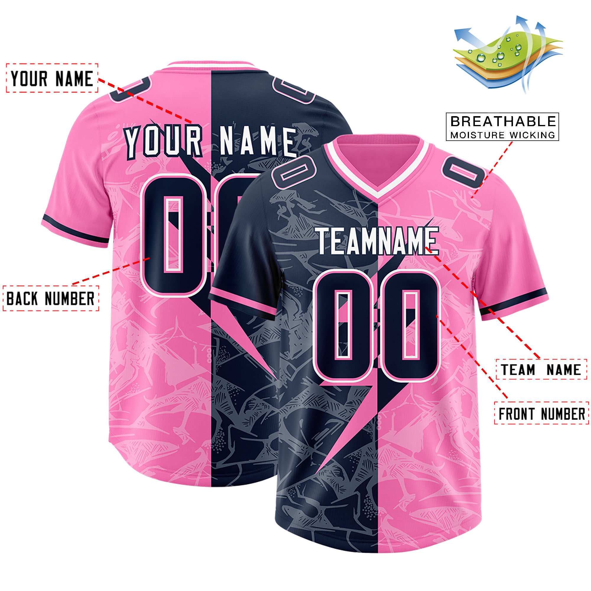 Custom Pink Navy Split Personalized Lightning Pattern Football Jersey