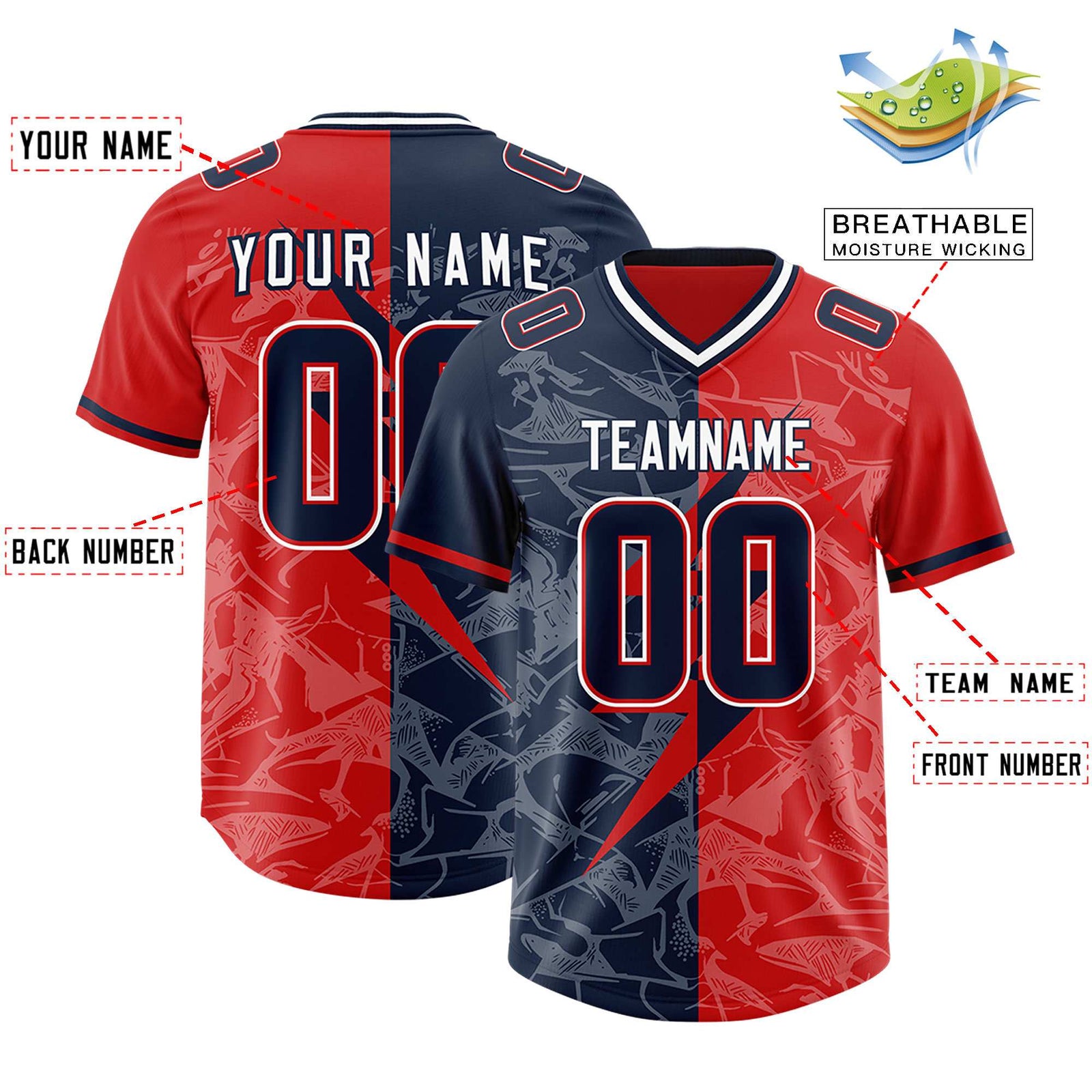 Custom Red Navy Split Personalized Lightning Pattern Football Jersey