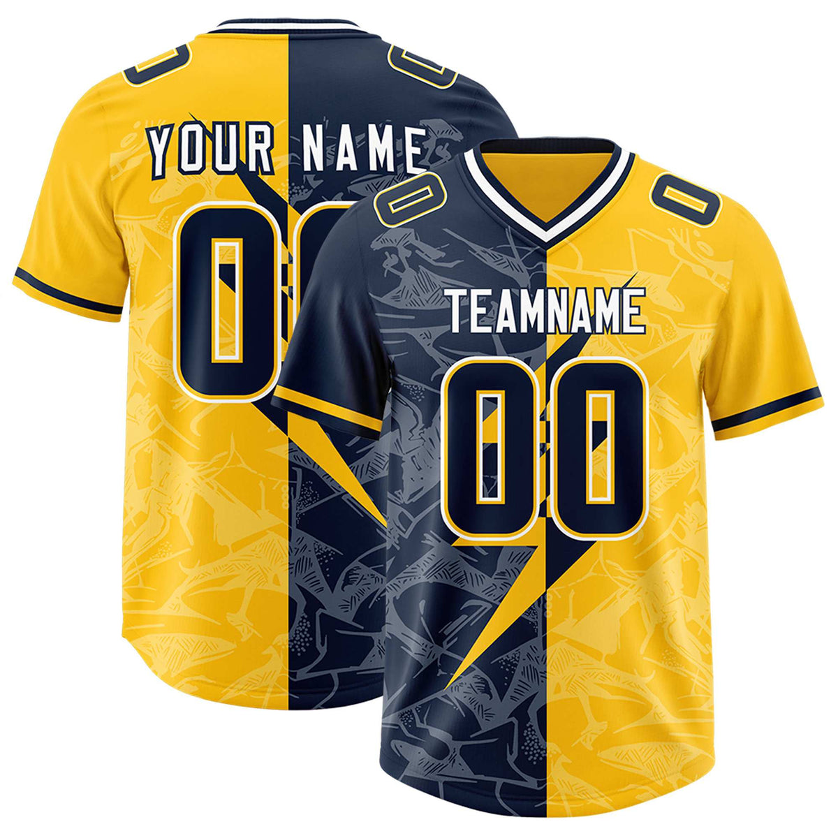 Custom Gold Navy Split Personalized Lightning Pattern Football Jersey