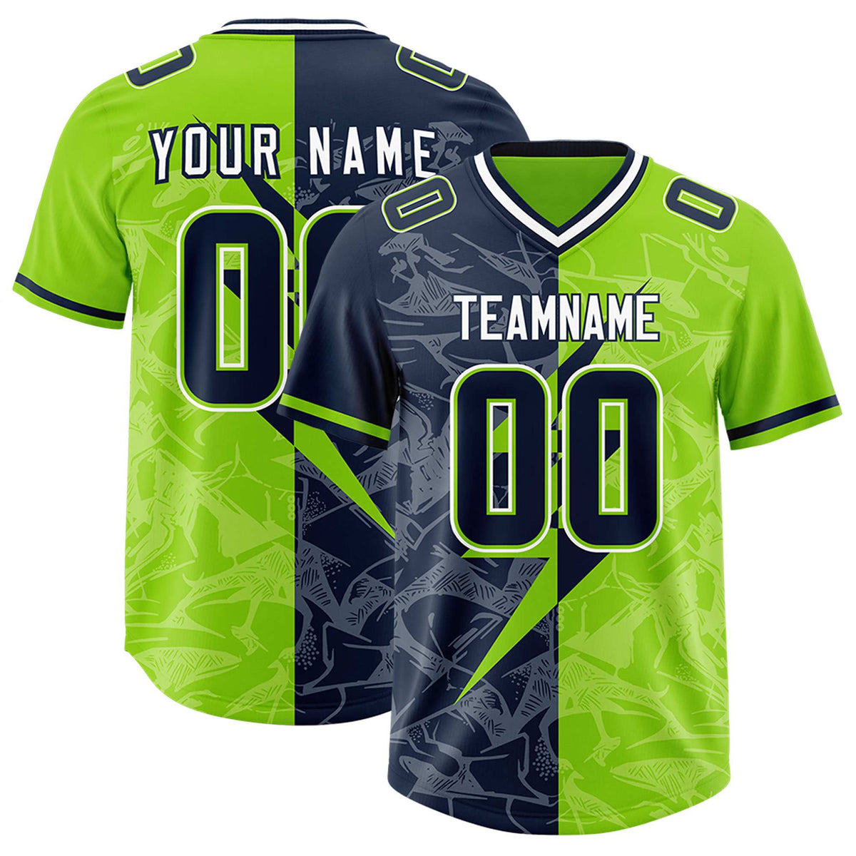 Custom Neon Green Navy Split Personalized Lightning Pattern Football Jersey