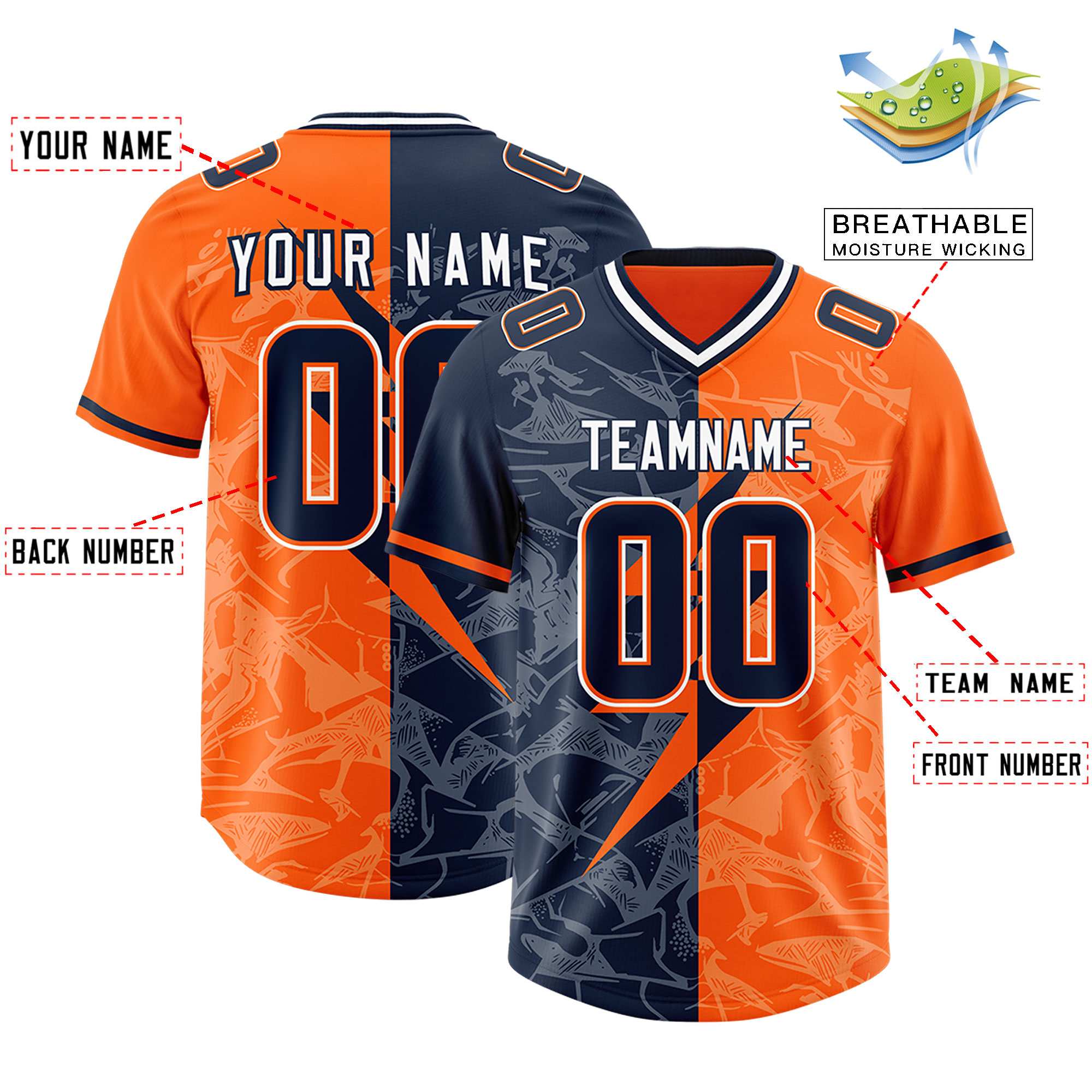 Custom Orange Navy Split Personalized Lightning Pattern Football Jersey