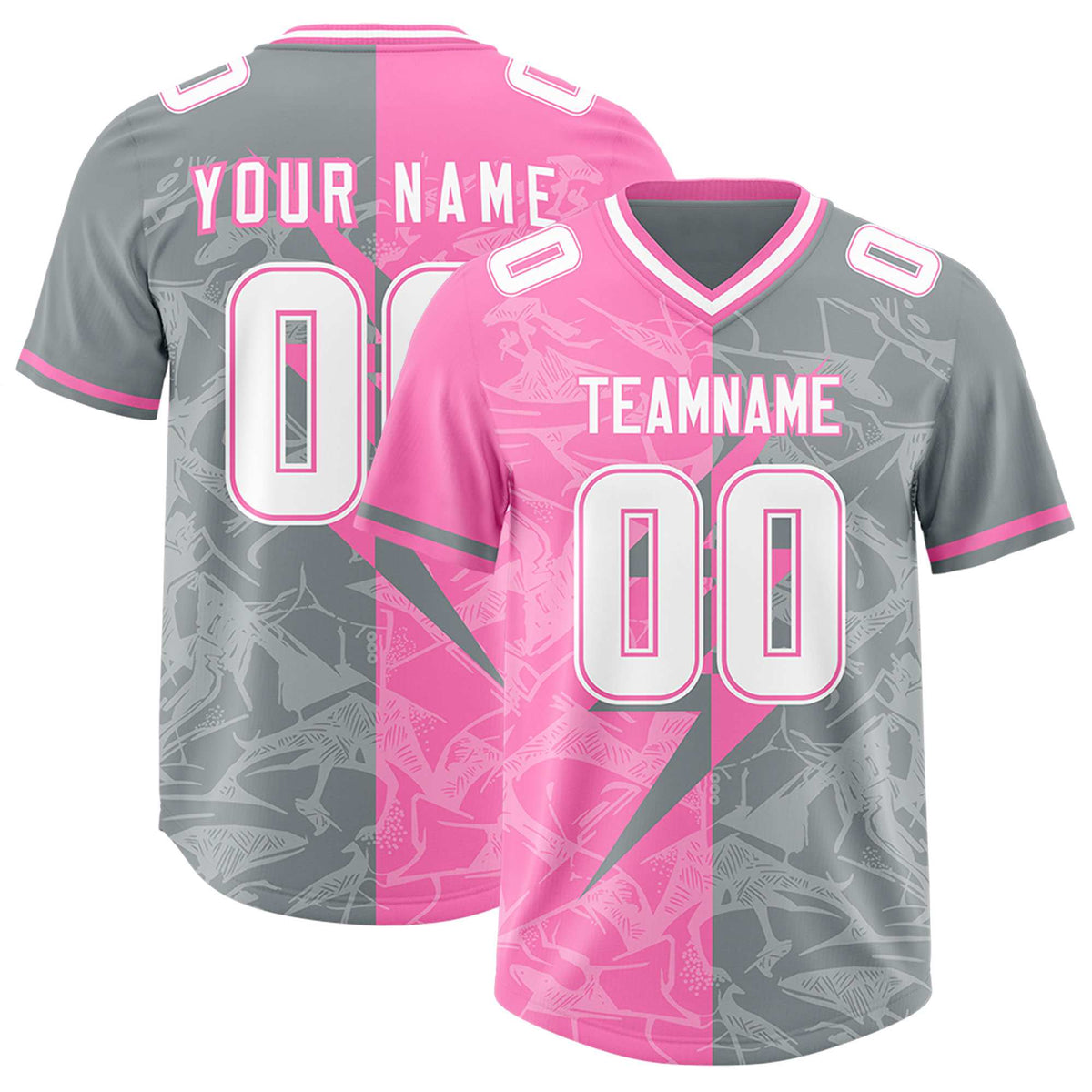 Custom Gray Pink Split Personalized Lightning Pattern Football Jersey