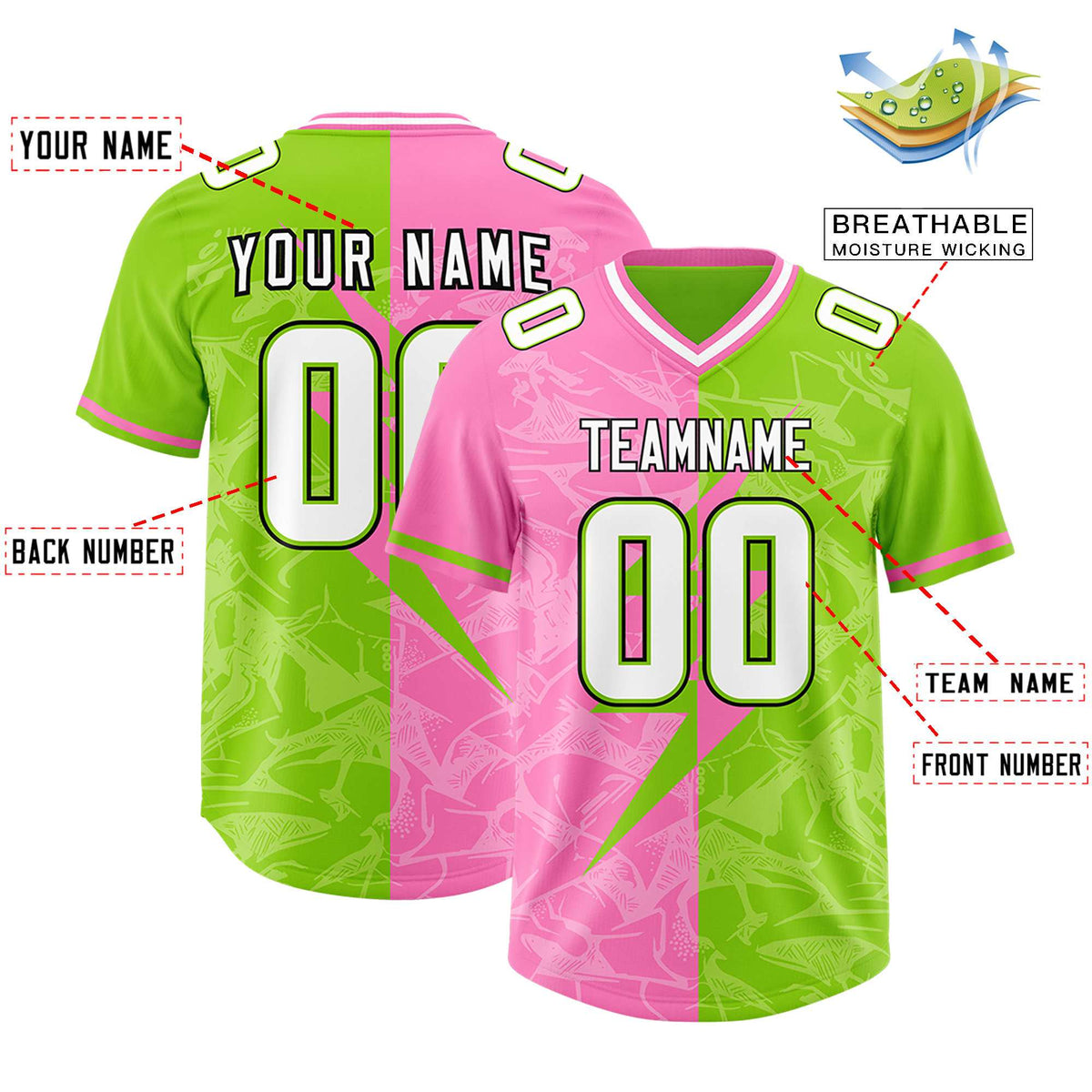 Custom Neon Green Pink Split Personalized Lightning Pattern Football Jersey