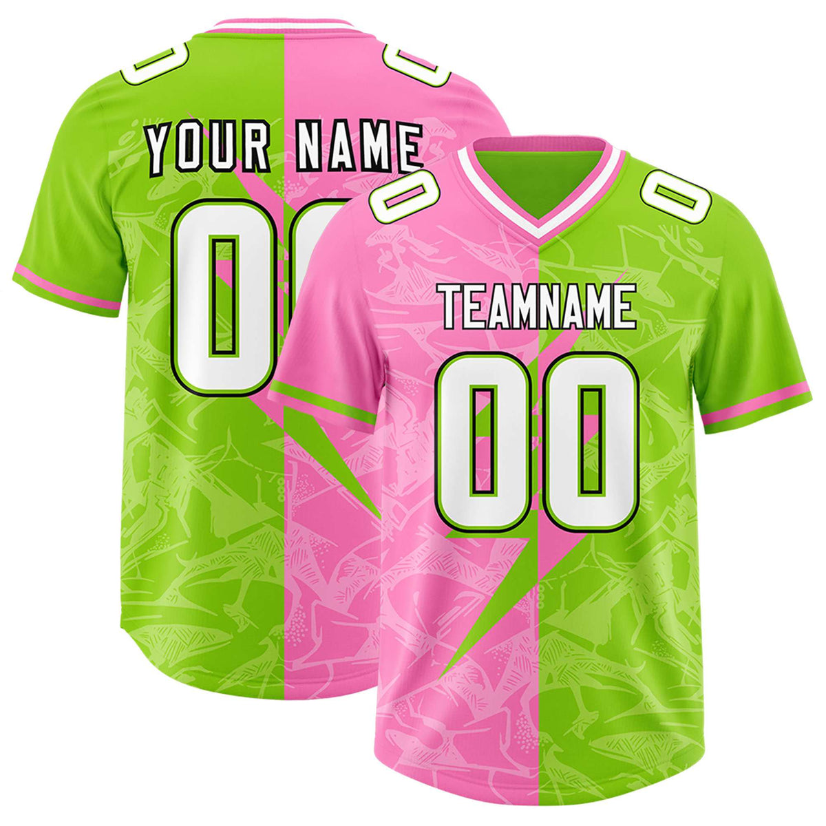 Custom Neon Green Pink Split Personalized Lightning Pattern Football Jersey