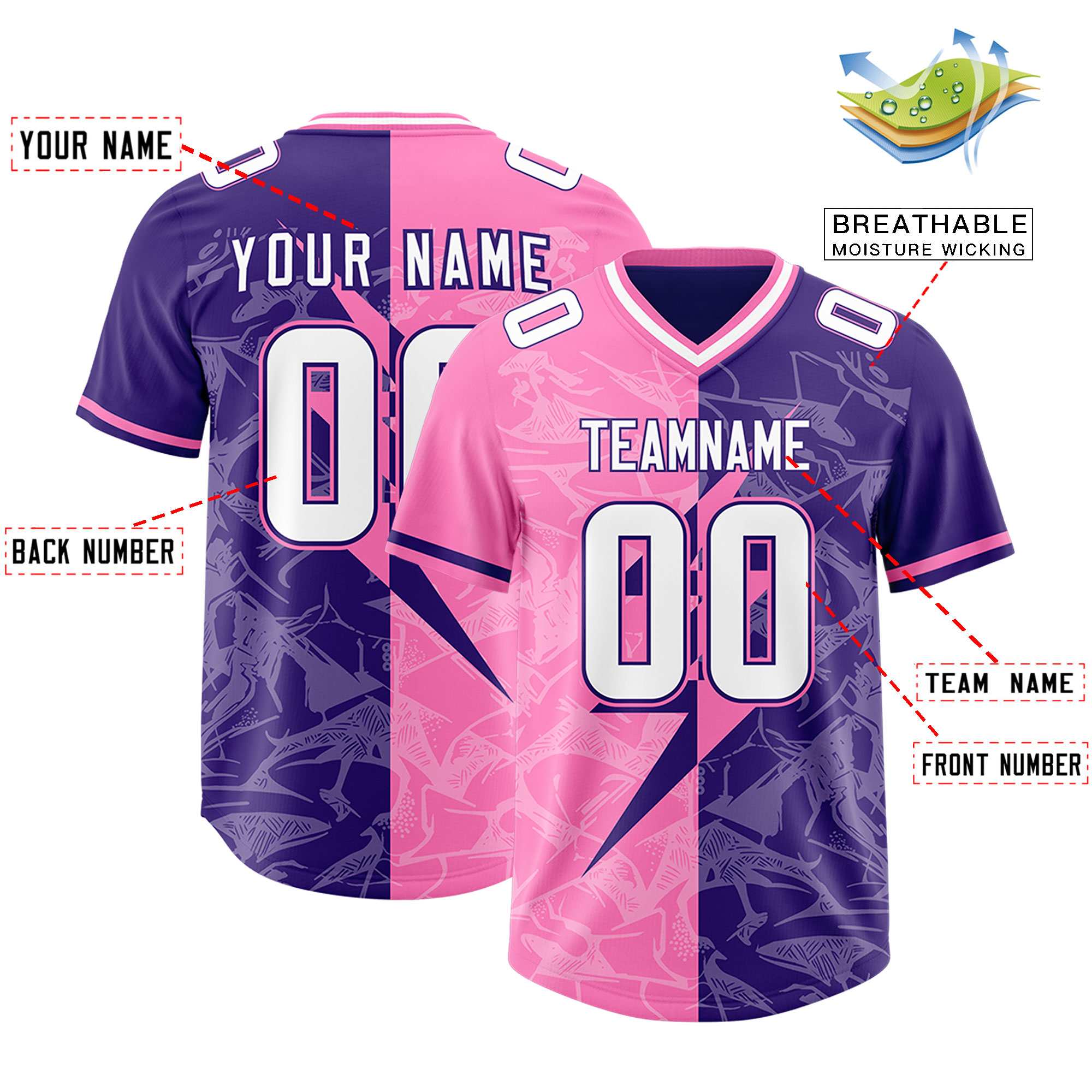 Custom Purple Pink Split Personalized Lightning Pattern Football Jersey