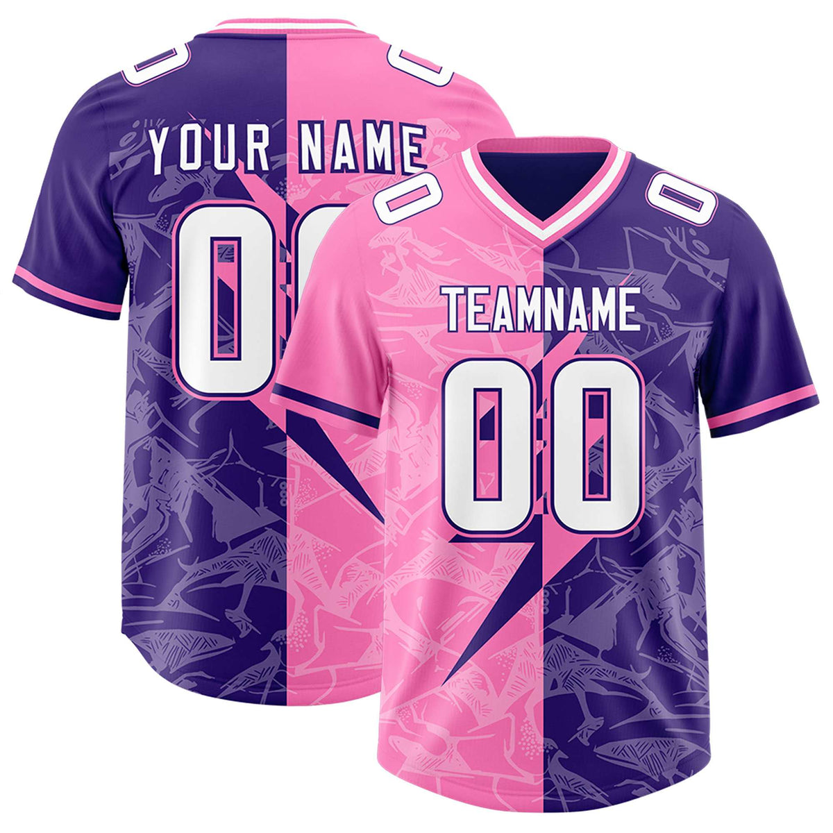 Custom Purple Pink Split Personalized Lightning Pattern Football Jersey
