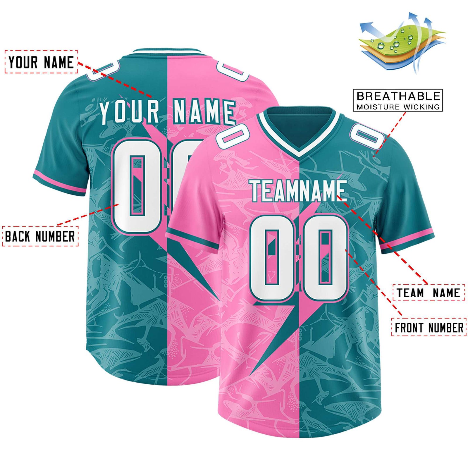 Custom Aqua Pink Split Personalized Lightning Pattern Football Jersey
