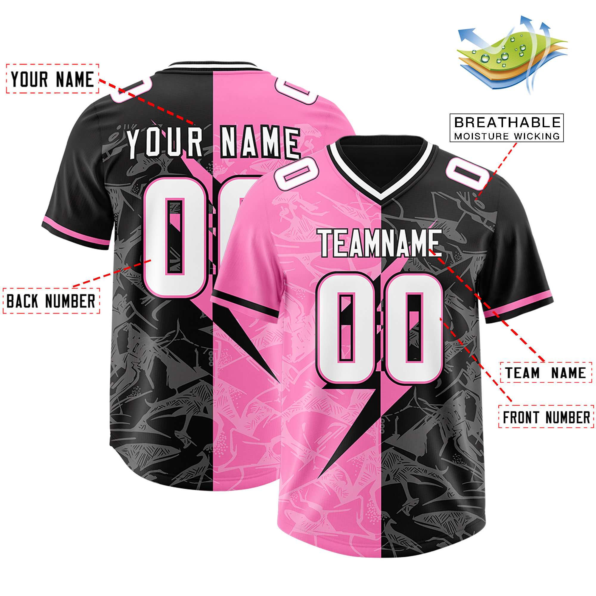 Custom Black Pink Split Personalized Lightning Pattern Football Jersey