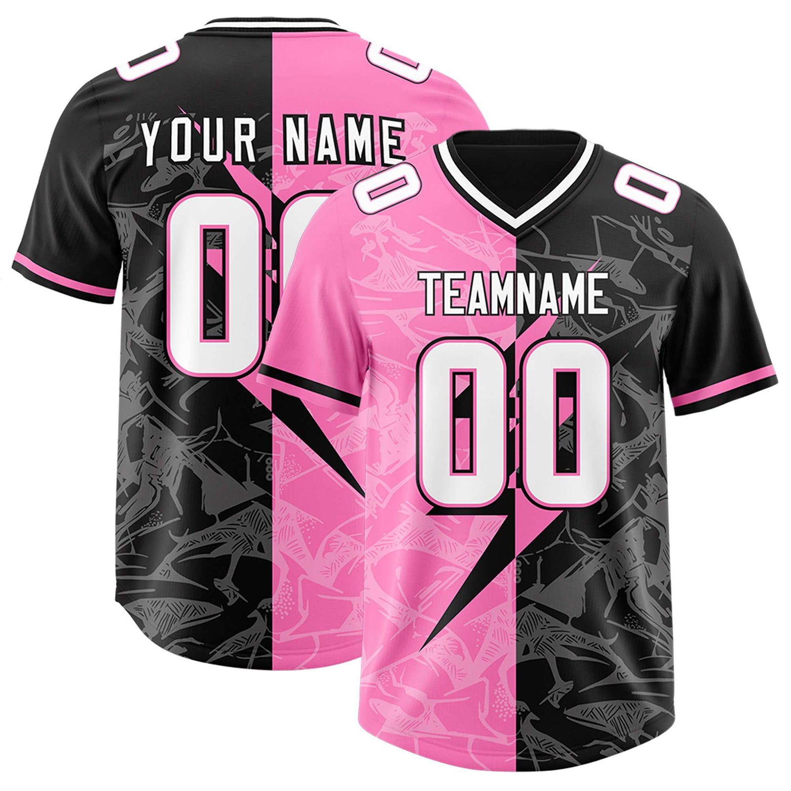 Custom Black Pink Split Personalized Lightning Pattern Football Jersey