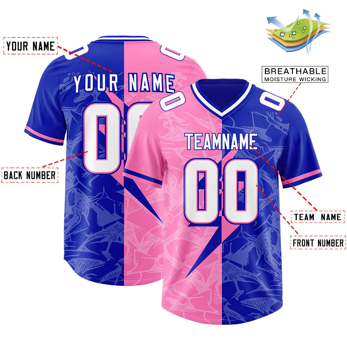 Custom Royal Pink Split Personalized Lightning Pattern Football Jersey