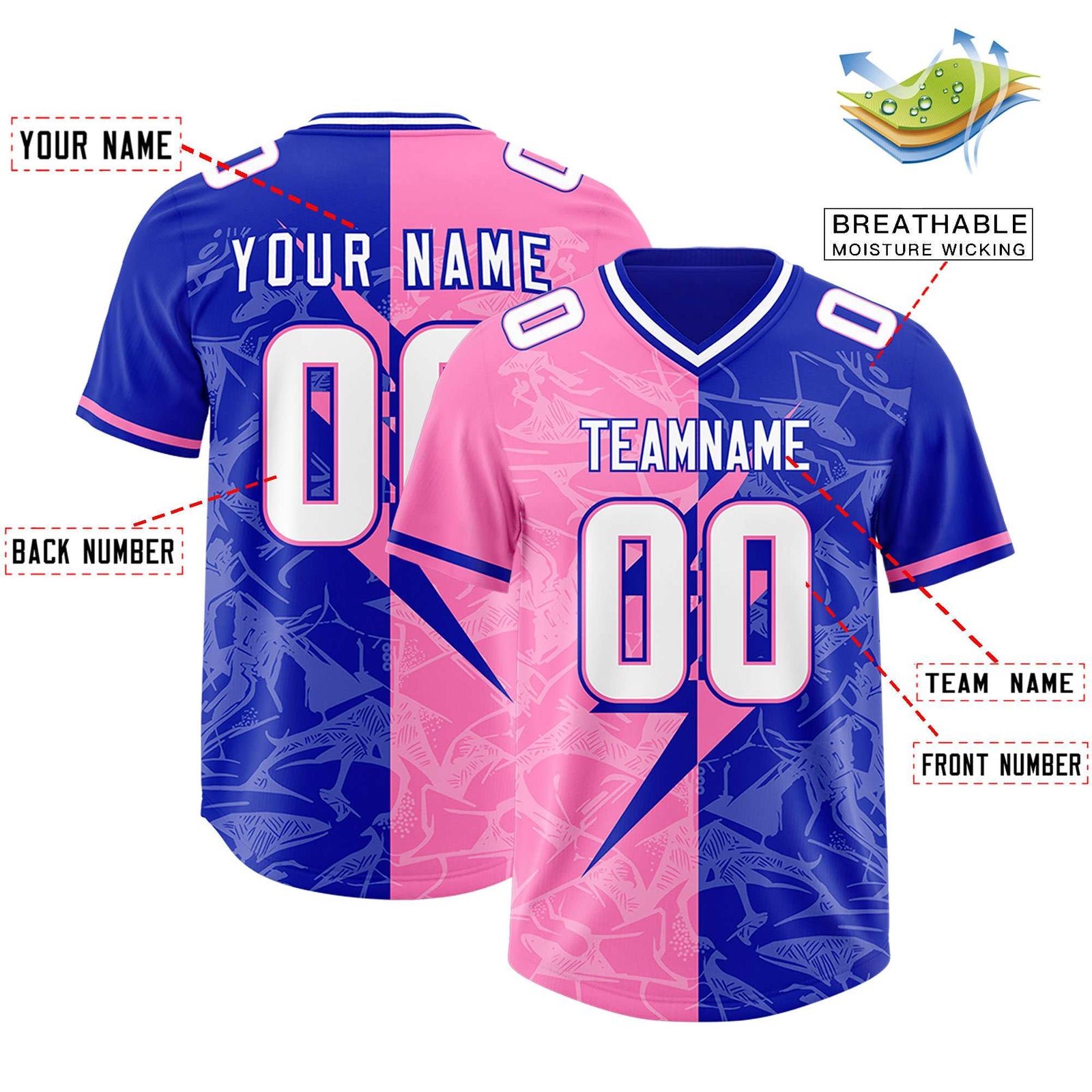 Custom Royal Pink Split Personalized Lightning Pattern Football Jersey