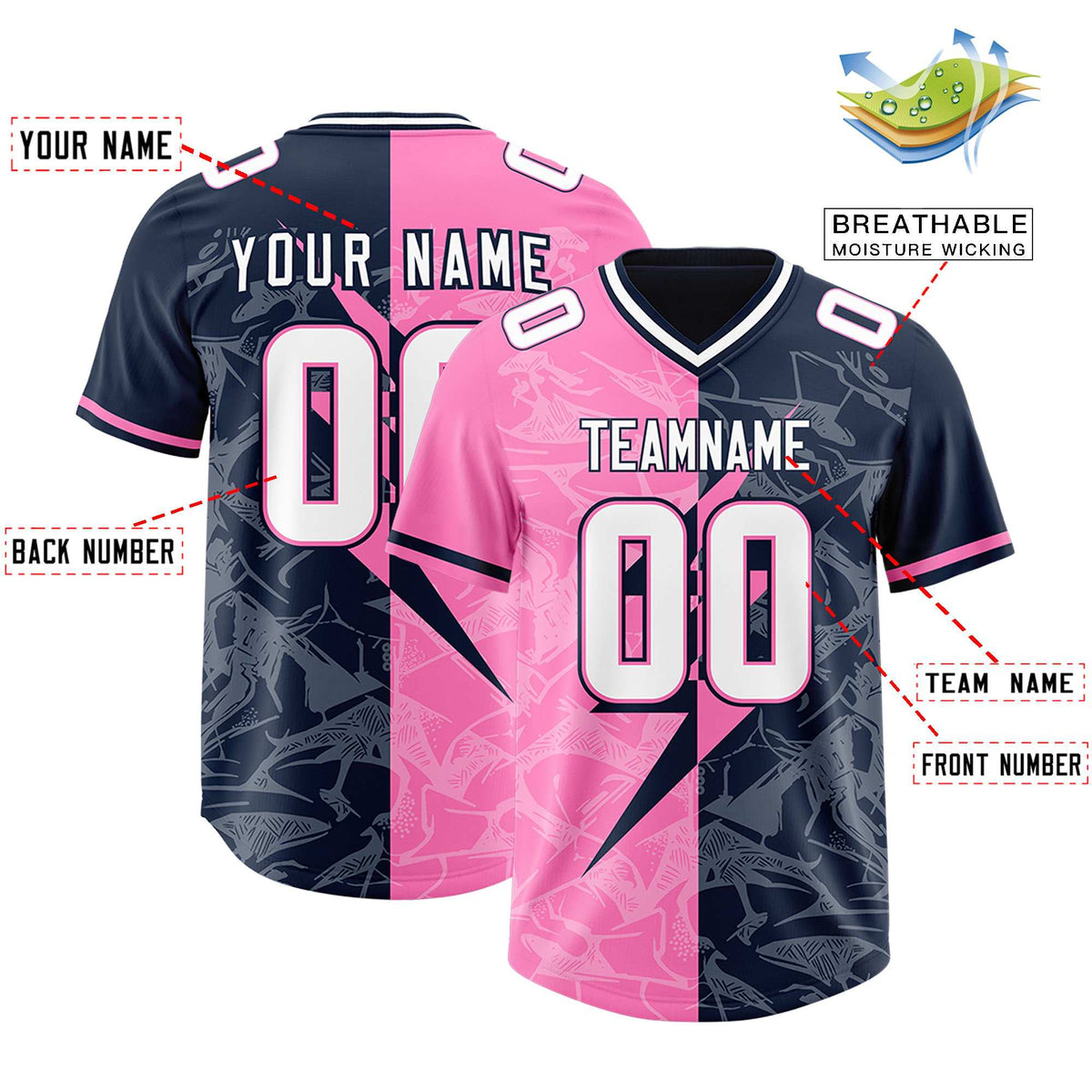 Custom Navy Pink Split Personalized Lightning Pattern Football Jersey