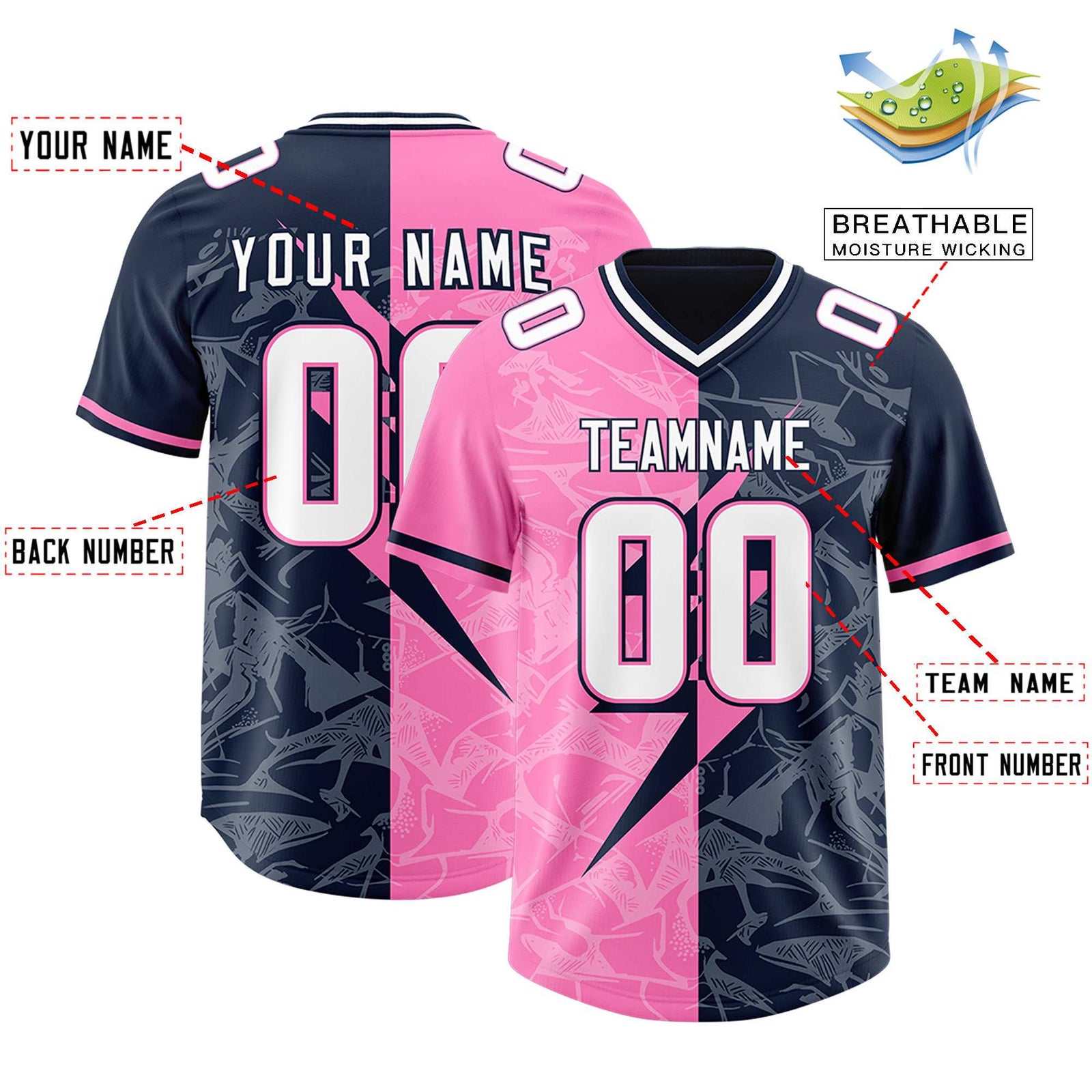 Custom Navy Pink Split Personalized Lightning Pattern Football Jersey