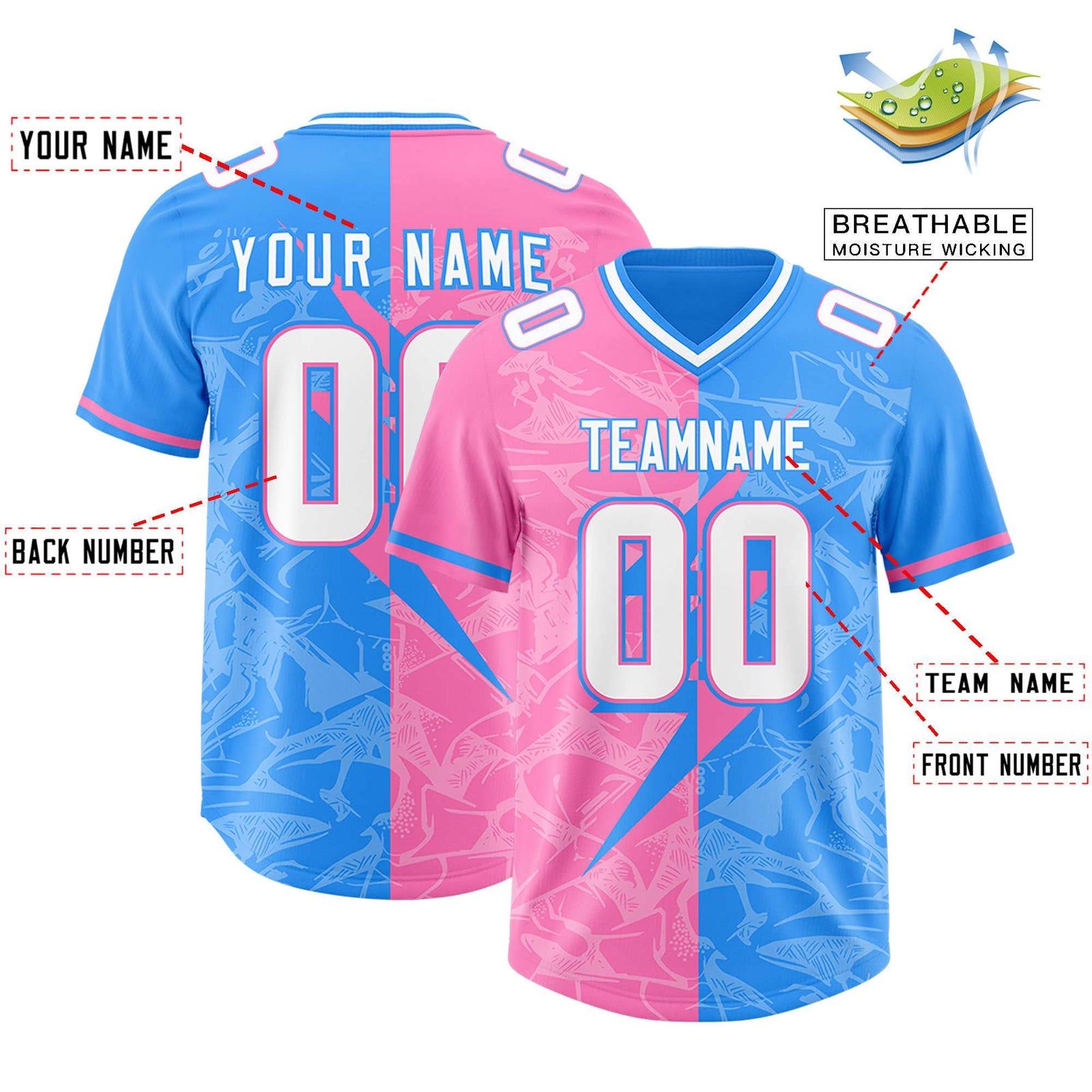 Custom Light Blue Pink Split Personalized Lightning Pattern Football Jersey