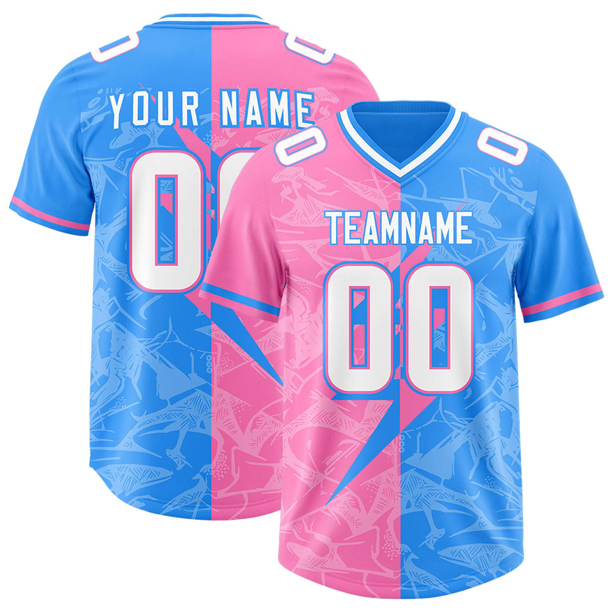 Custom Light Blue Pink Split Personalized Lightning Pattern Football Jersey